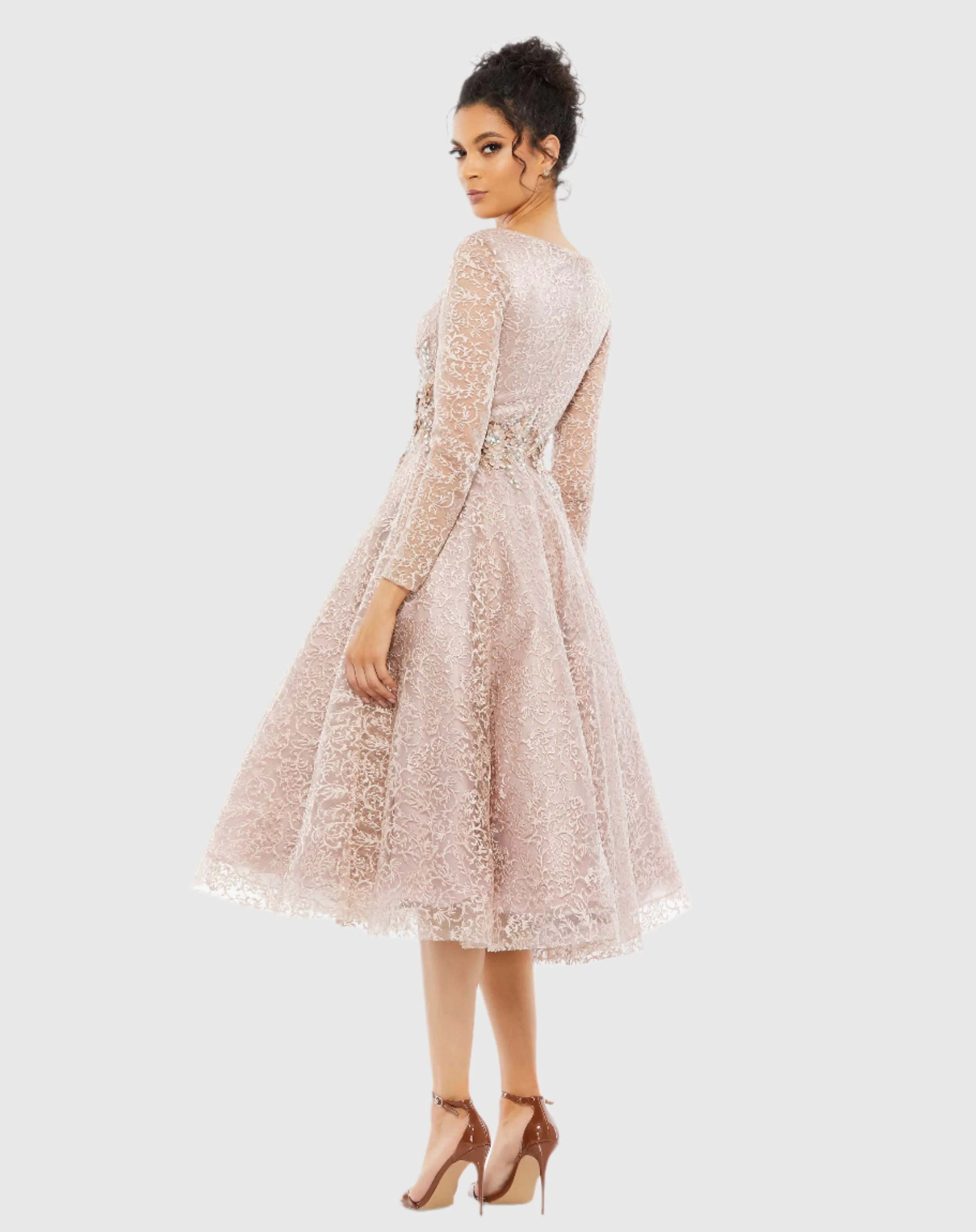 Pink Long Sleeve Tea Length Dress