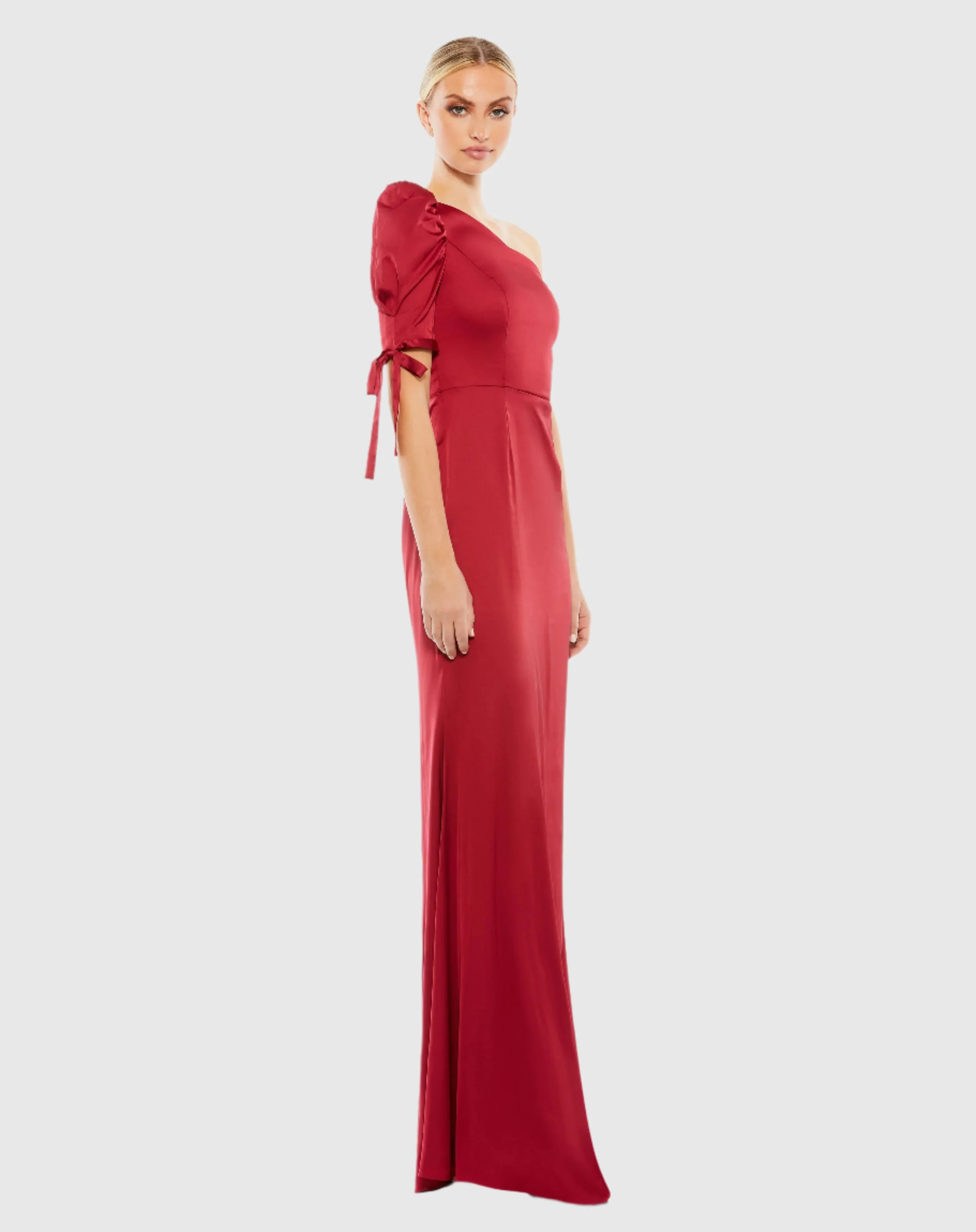 Red Satin One Shoulder Puff Sleeve Trumpet Gown