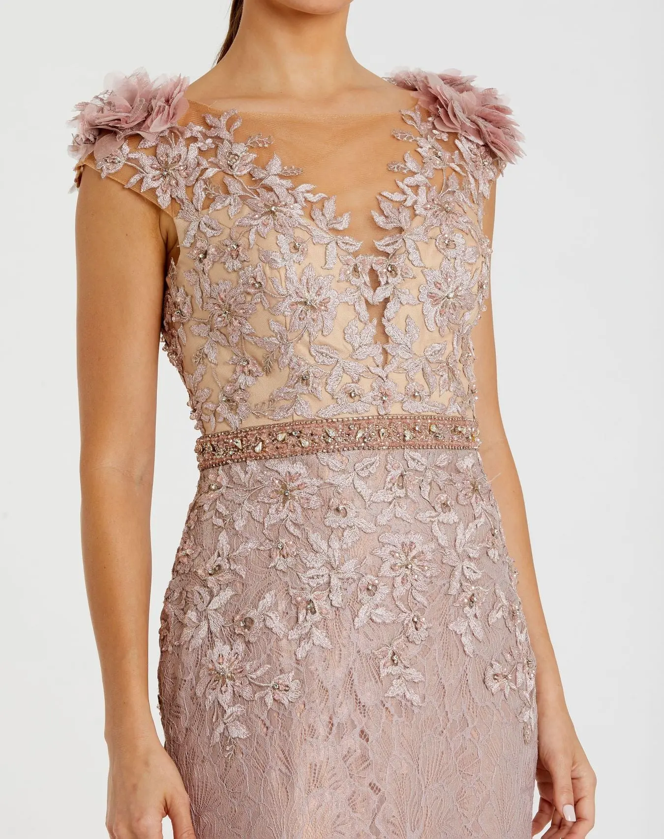 Pink Embroidered Illusion Appliqued Bodice Trumpet Gown