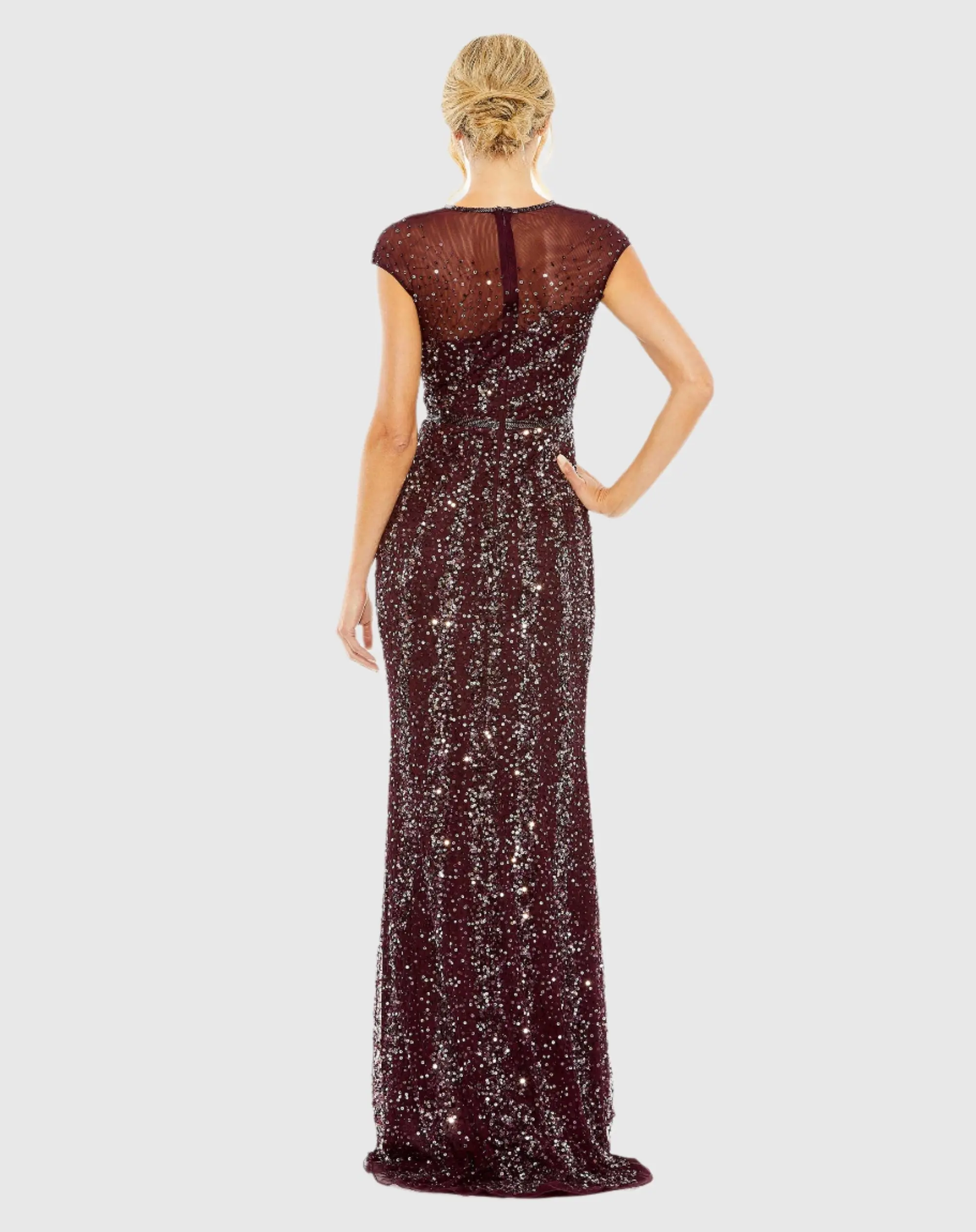 Red Embellished Illusion High Neck Cap Sleeve Gown