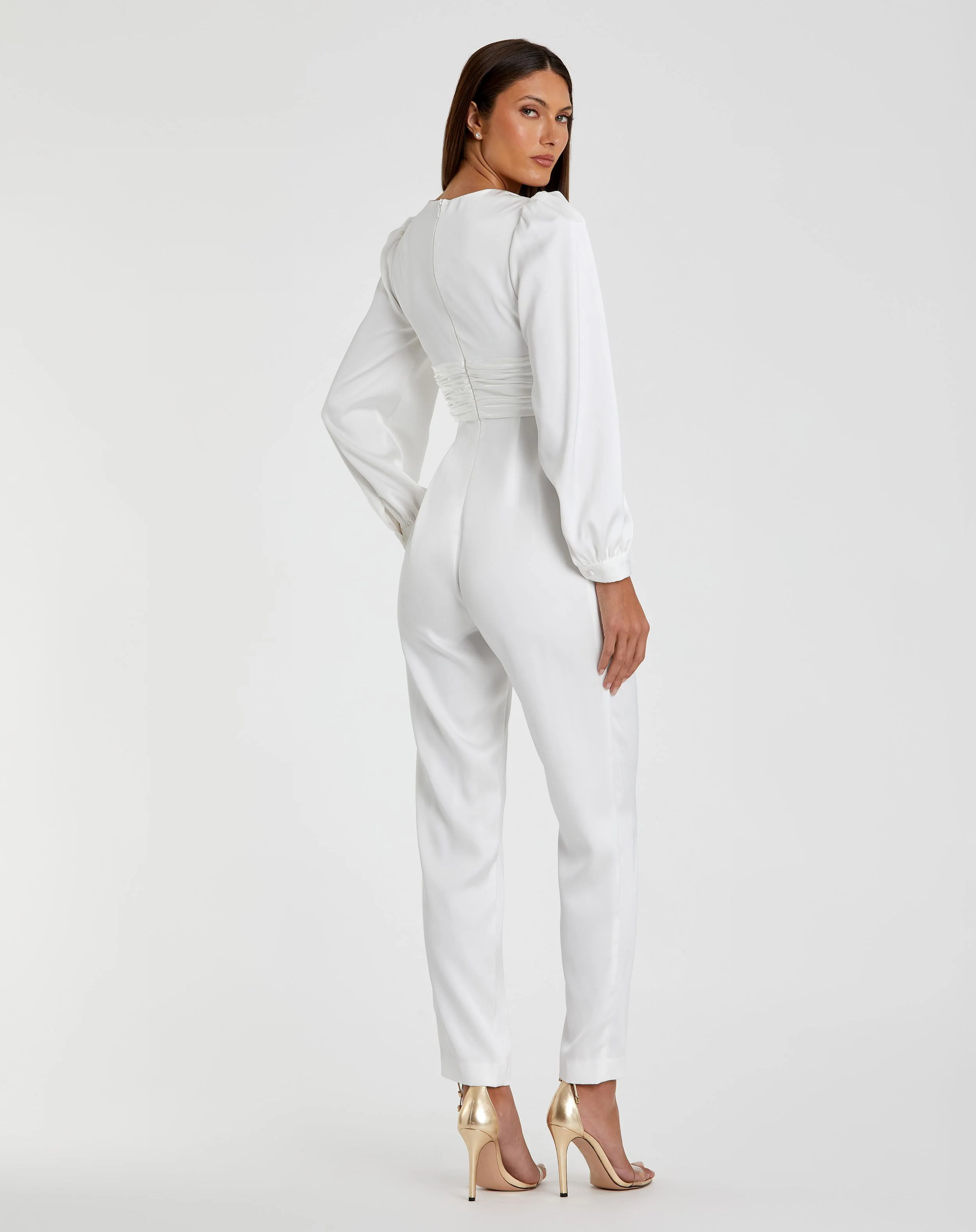 White Front Twist Puff Sleeve Deep V Jumpsuit