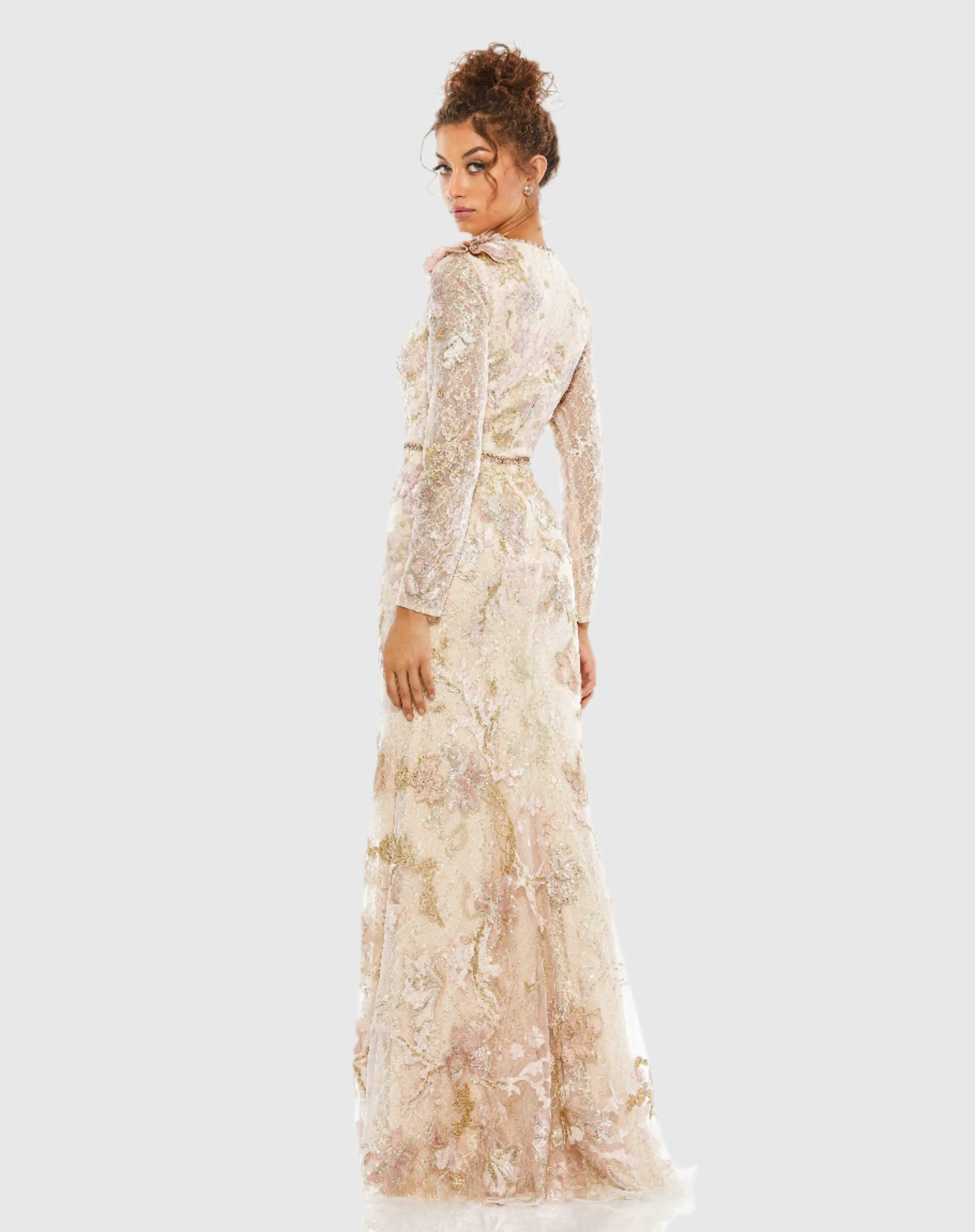 Pink and Beige Floral Embroidered Lace Trumpet Gown