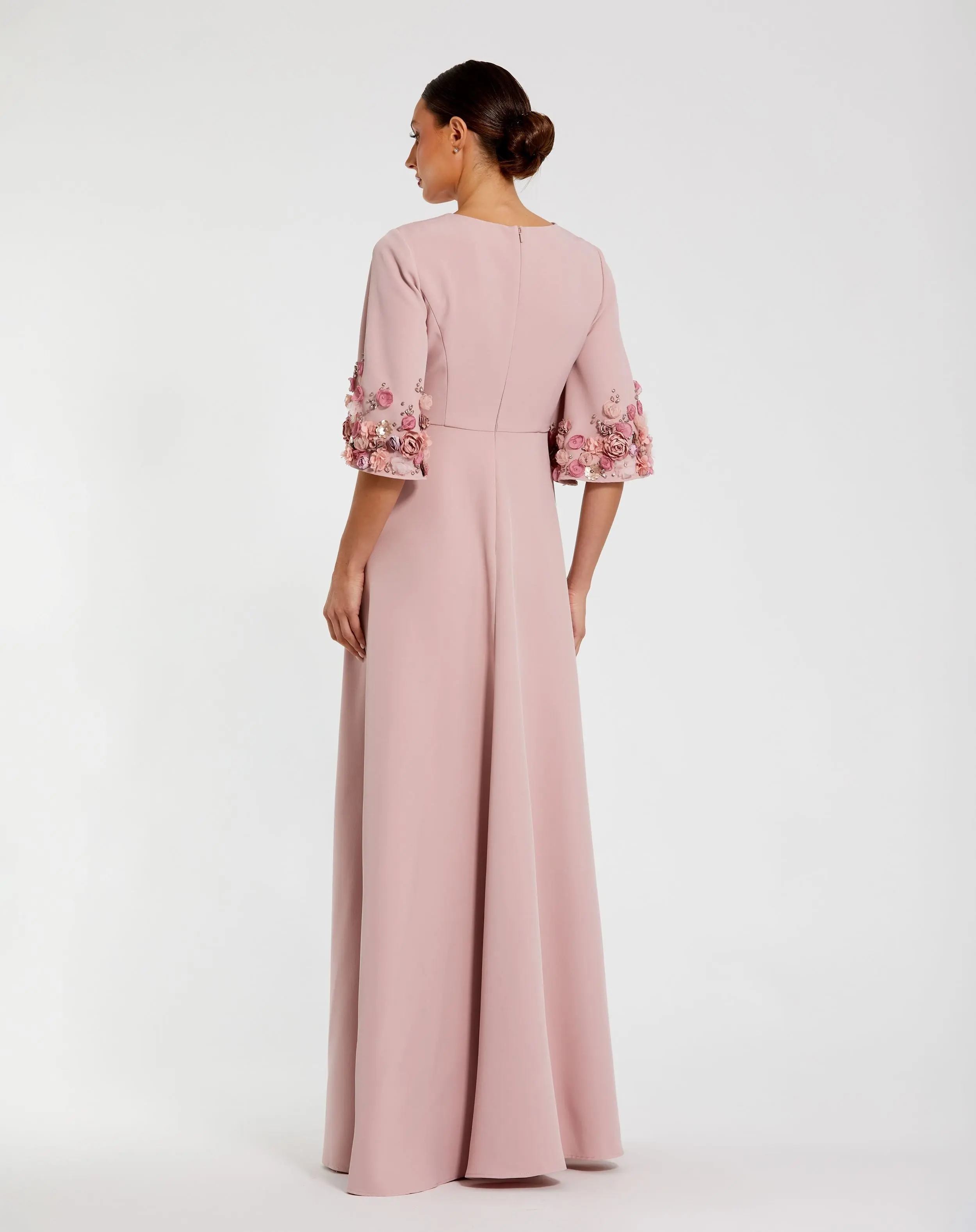 Pink Crepe 3/4 Sleeve A-line Gown With Flower Trim