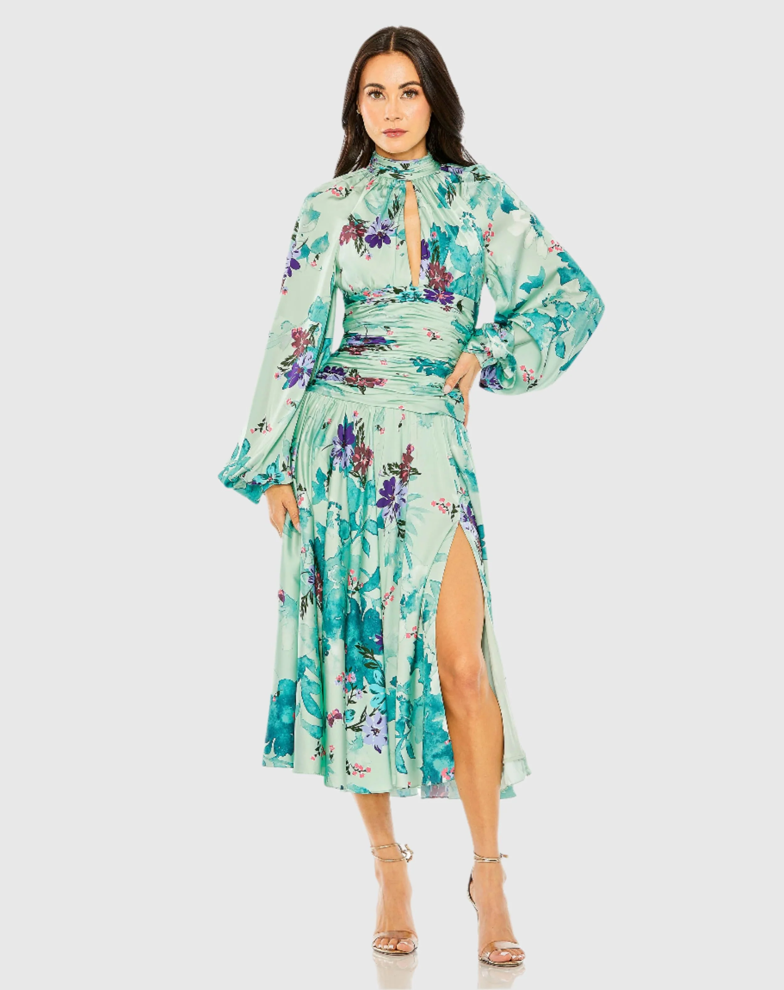 Green Keyhole Satin Long Sleeve Floral Gown