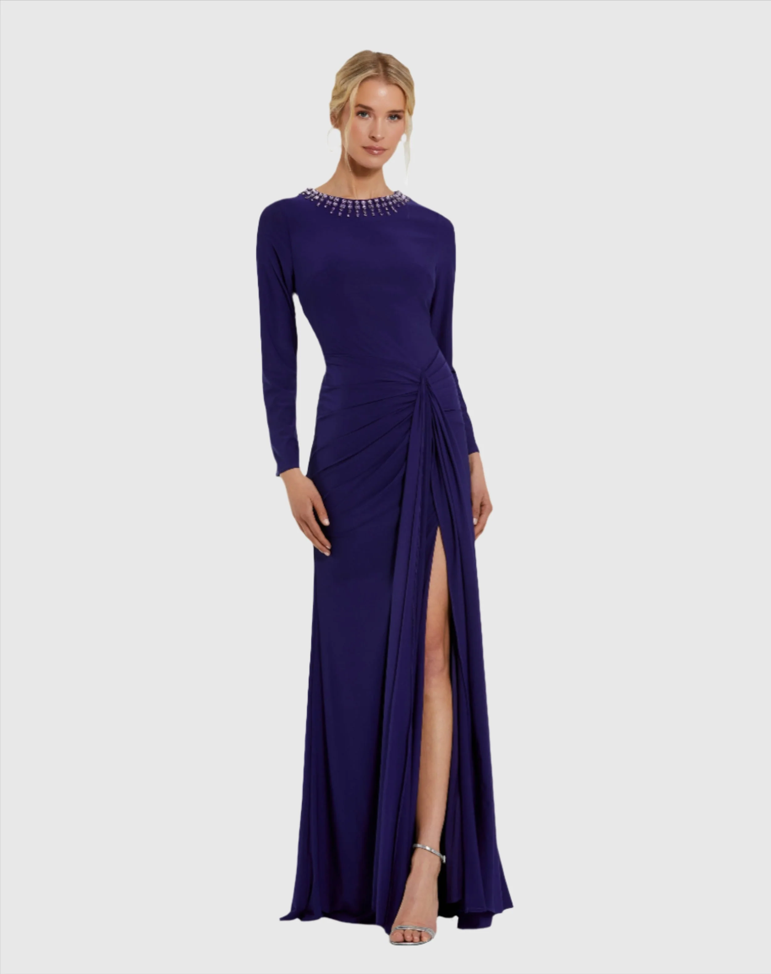 Purple Long Sleeve Jersey Ruched Gown With Beaded Neck