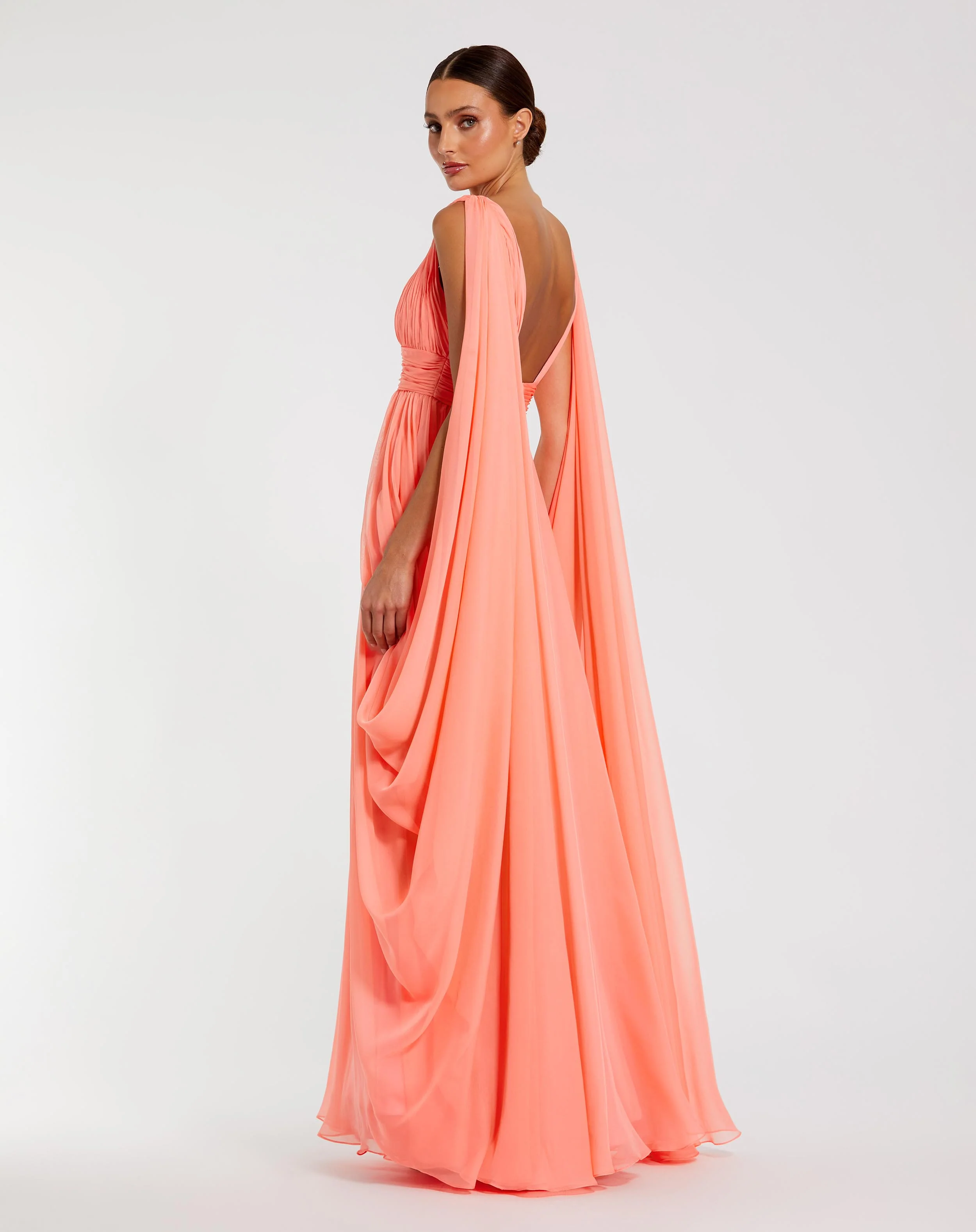 Pink V Neck Chiffon Gown With Draping Details