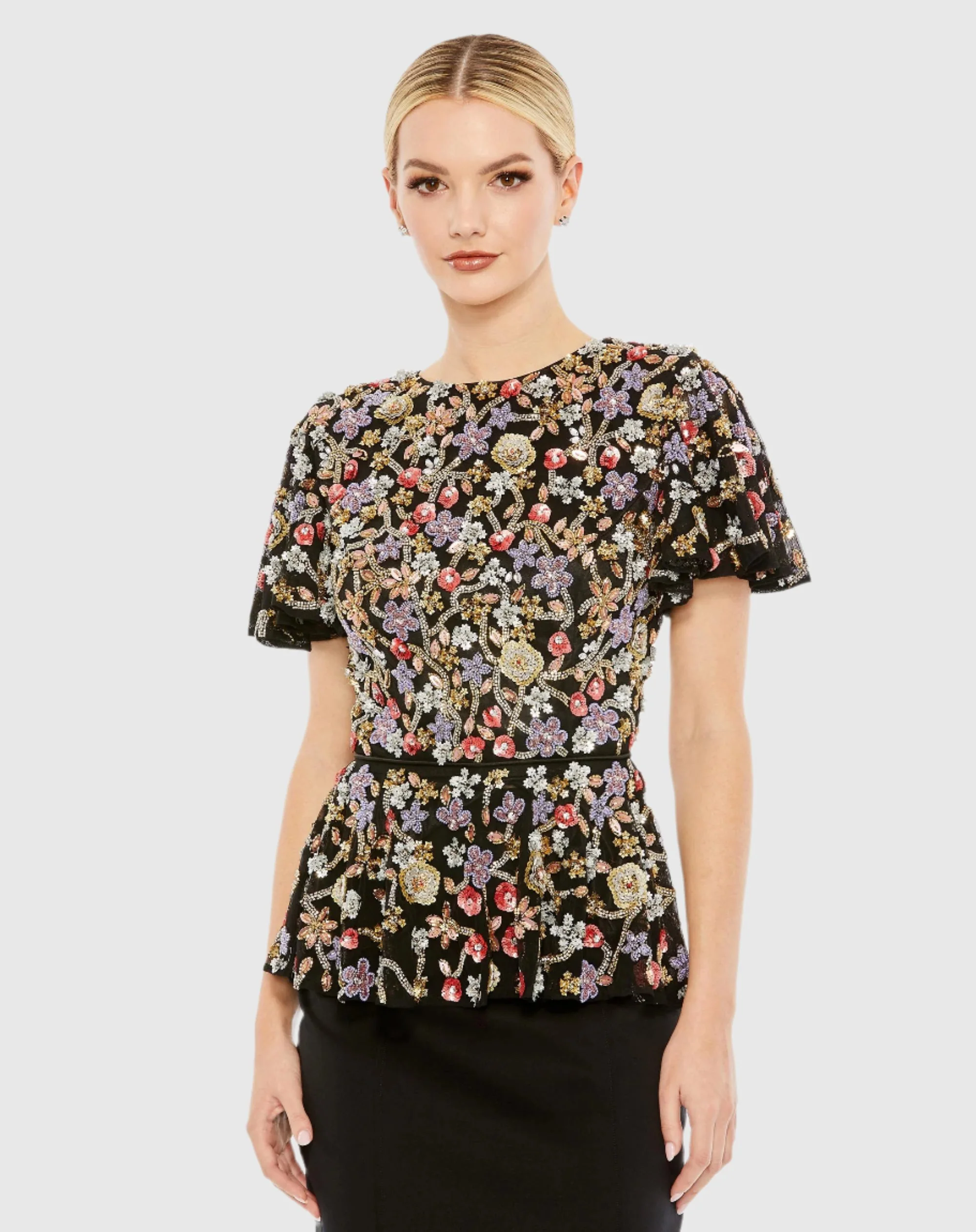 Floral Embellished Butterfly Sleeve Peplum Top - FINAL SALE