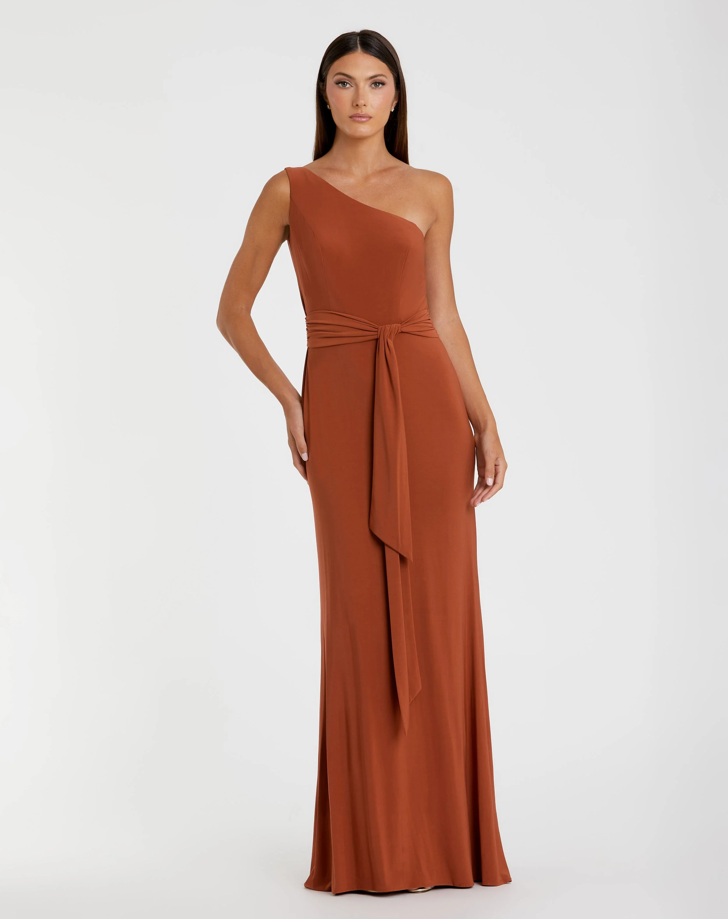 Orange Jersey One Shoulder Belted Trumpet Gown