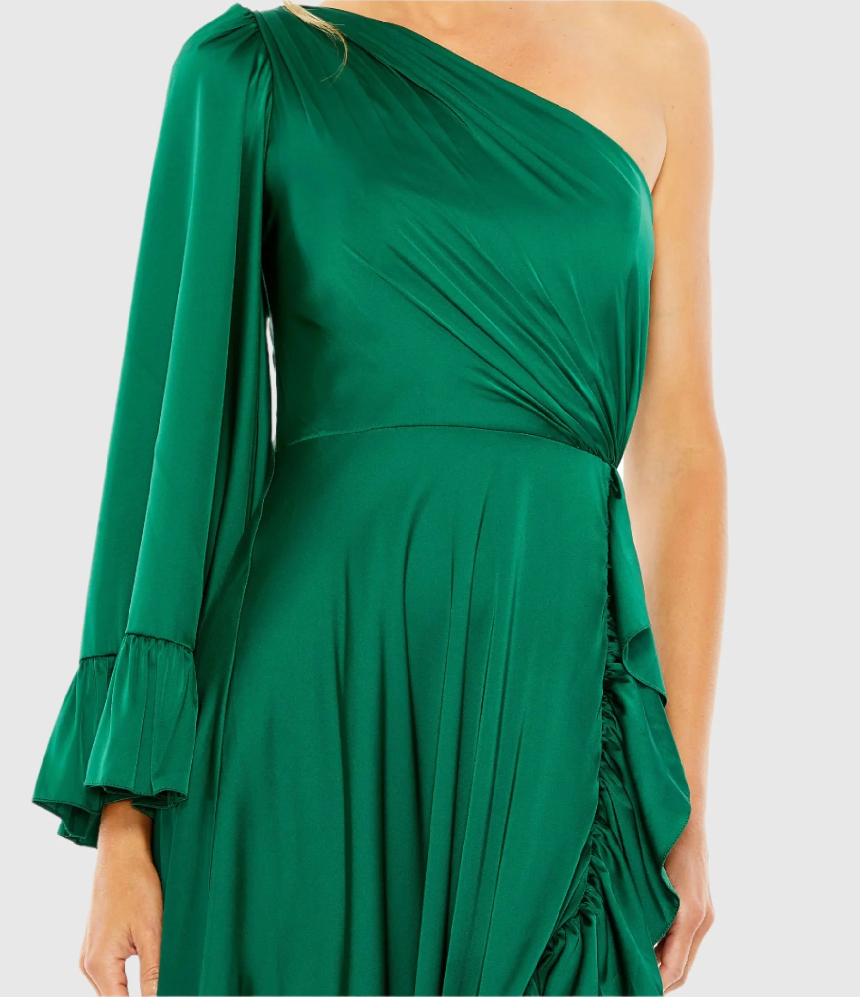 Green Long One Sleeve Asymmetrical Ruffle Hem Gown