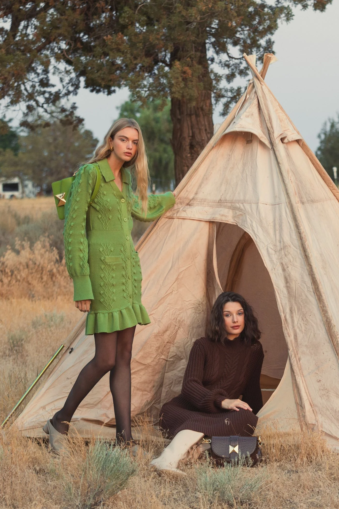 Green Long Sleeve Button Up Collared Bobble Knit Sweater Dress