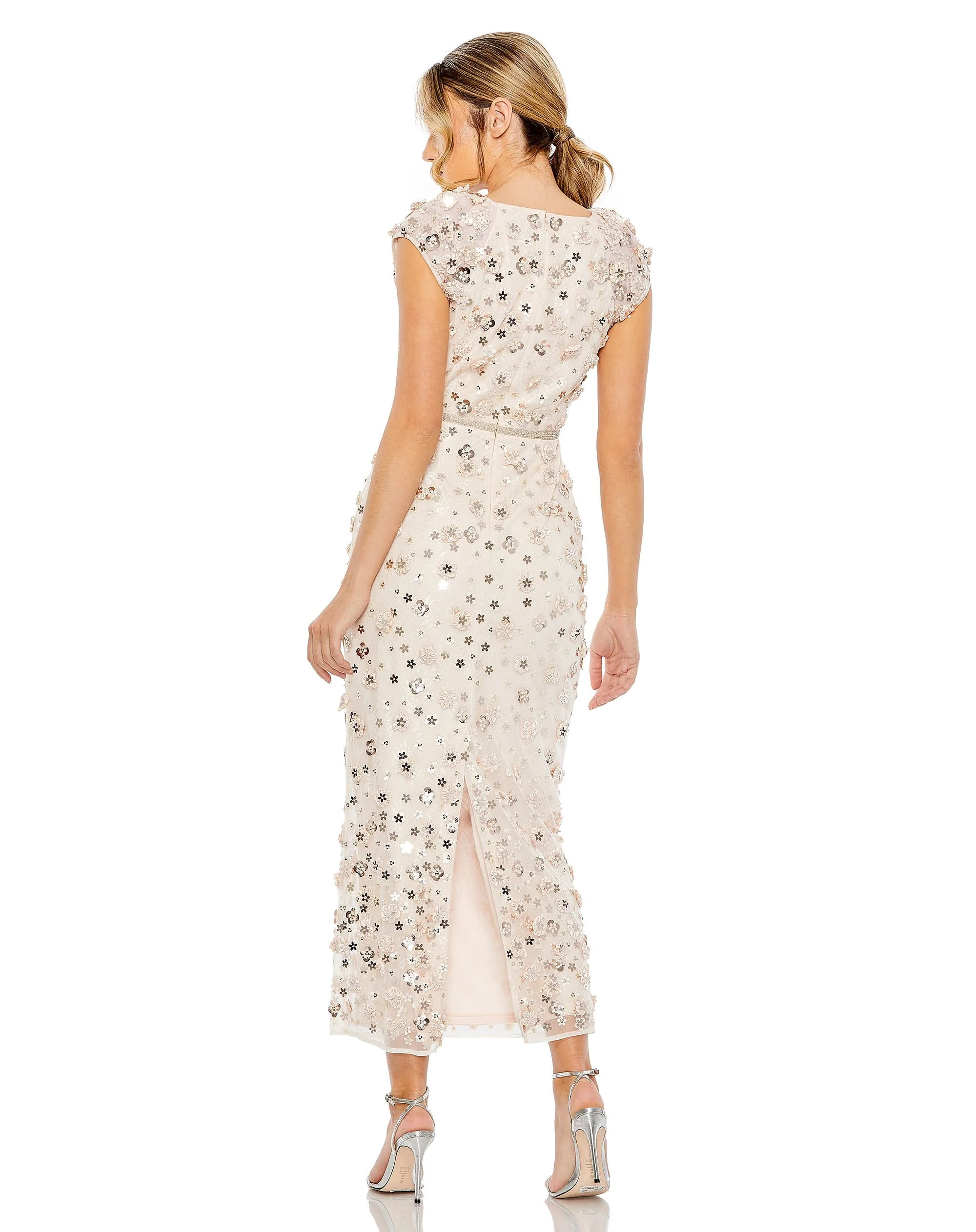Floral Applique Cap Sleeve Column Dress