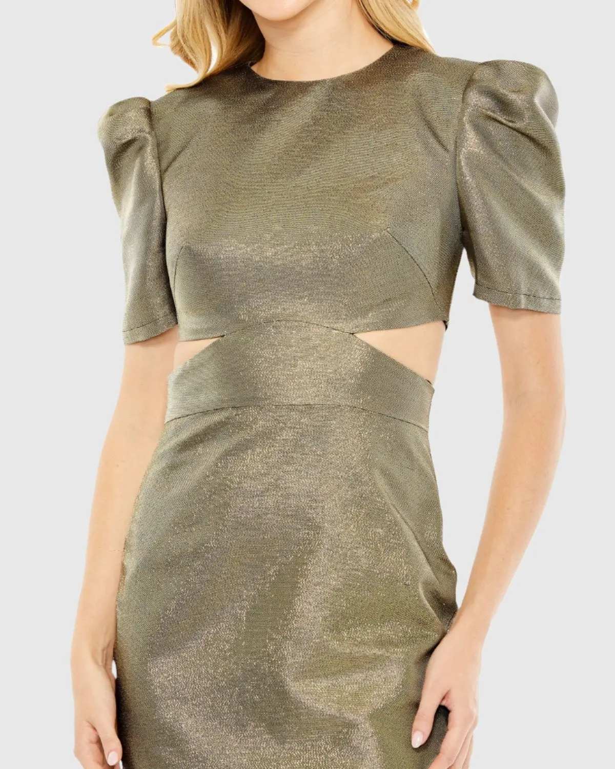 Metallic Puff Sleeve Cut Out Mini Dress