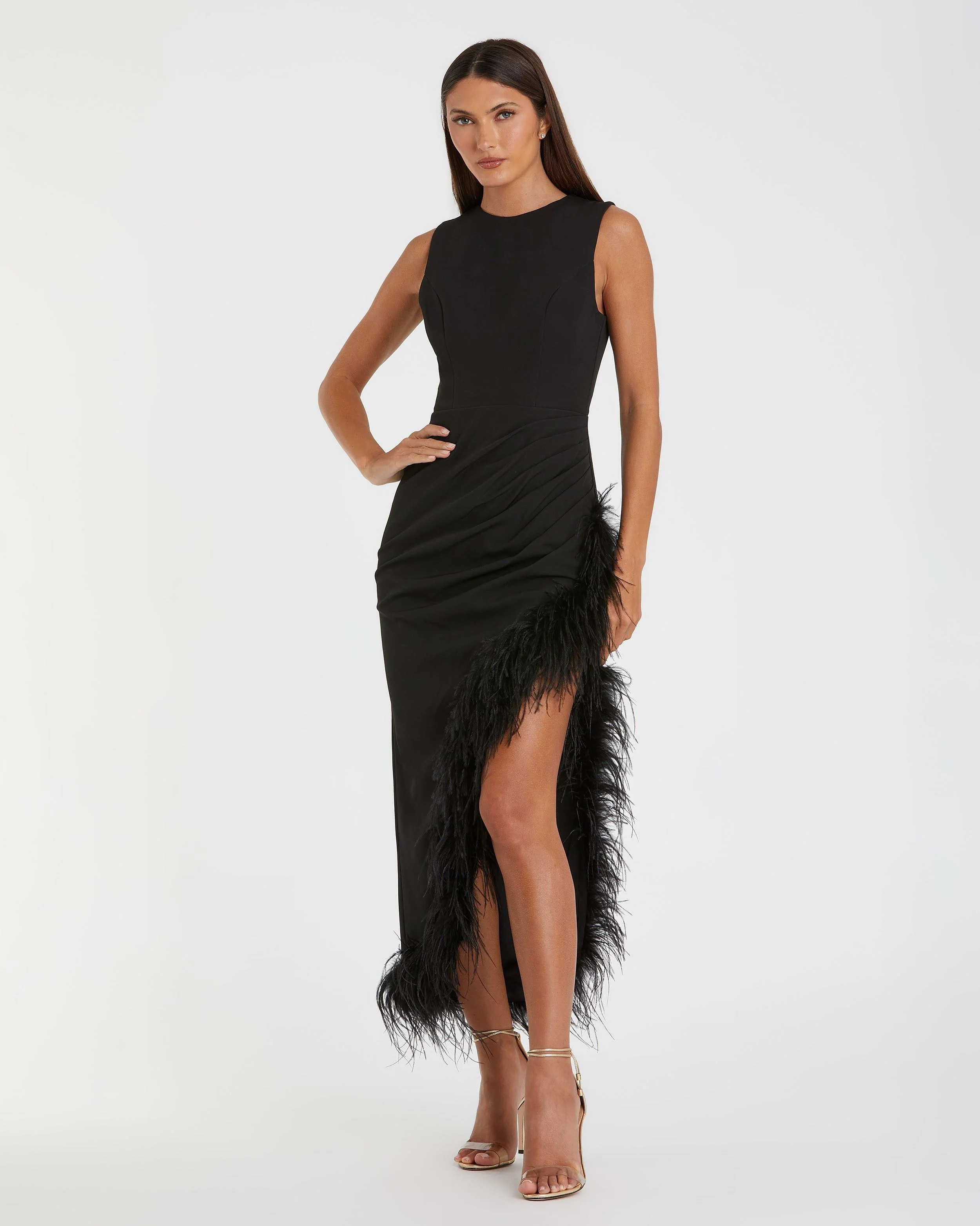 Black Sleeveless Faux Wrap Dress with Feather Detail
