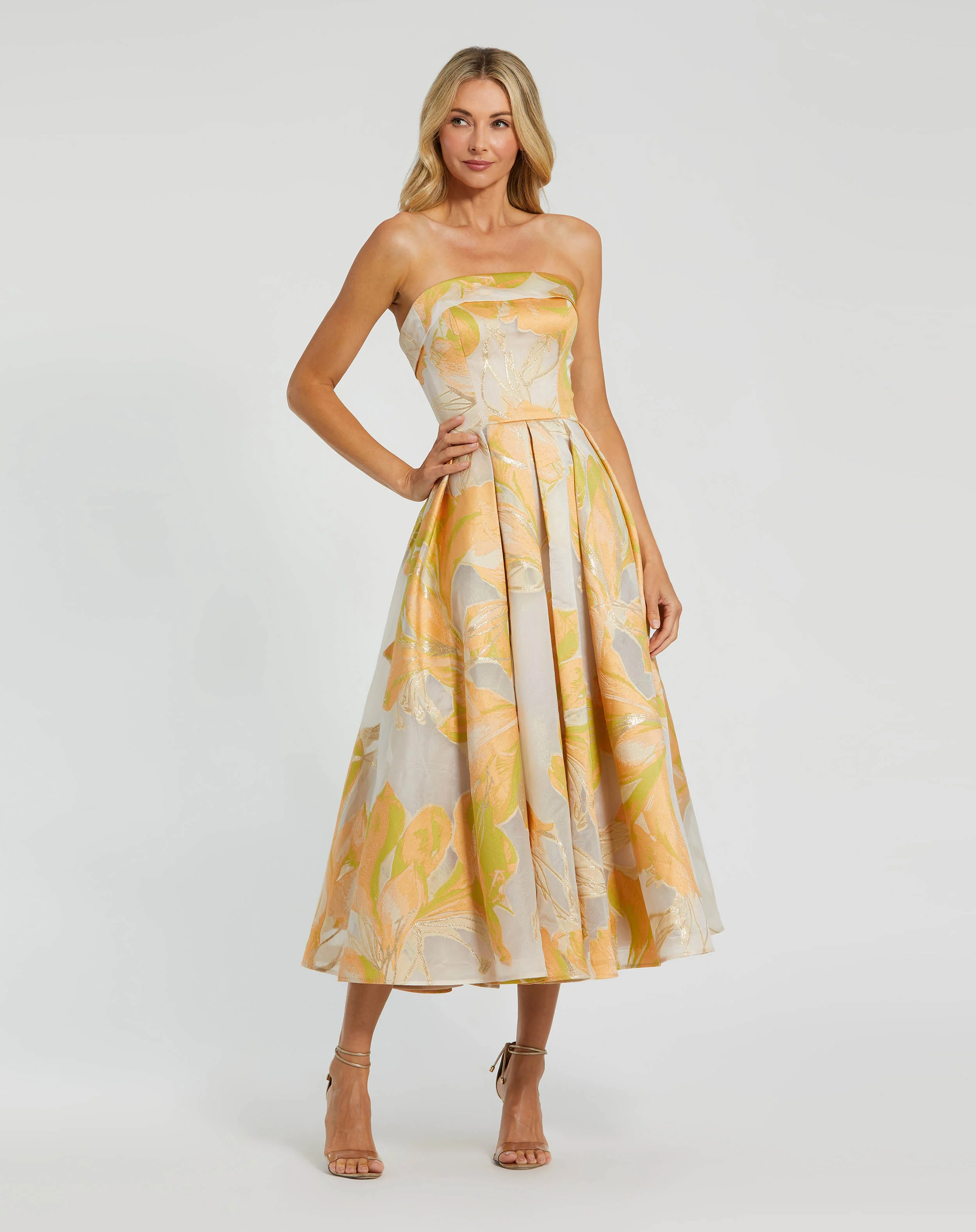 Beige and Orange Strapless Brocade Midi Dress with Pockets