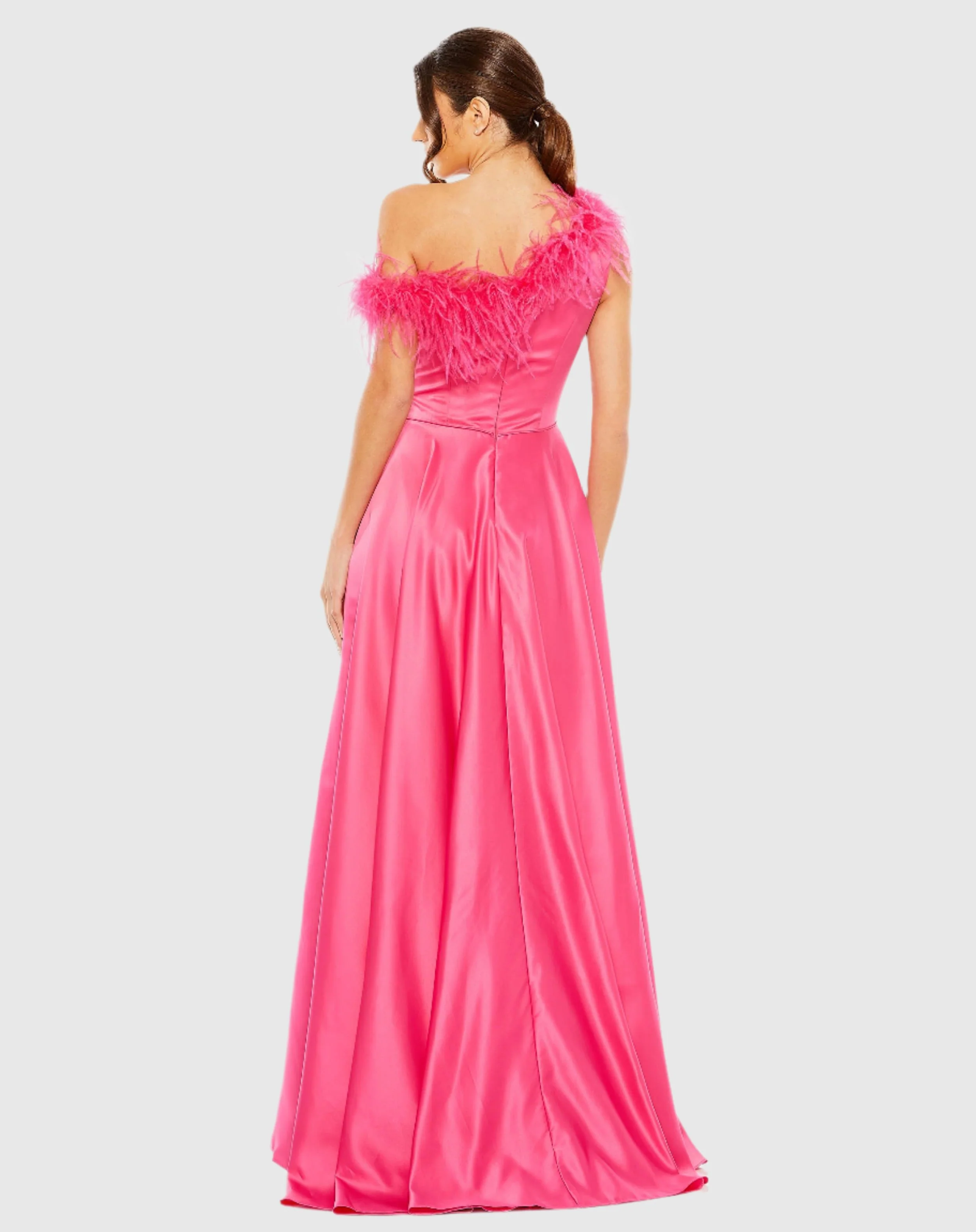 Pink One Shoulder A Line Gown With Feather Detail