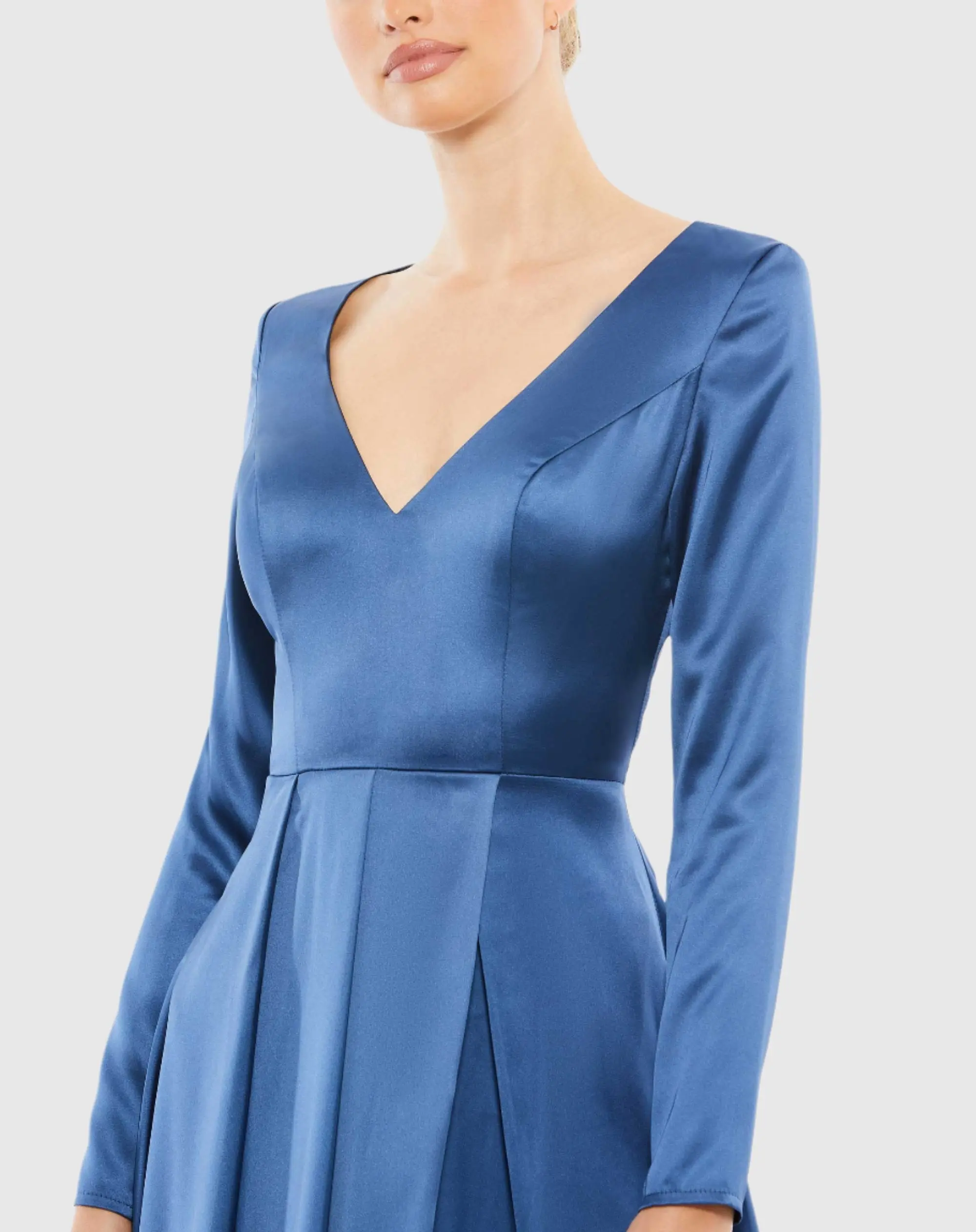 Blue Satin V Neck Long Sleeve Pleated Gown - FINAL SALE