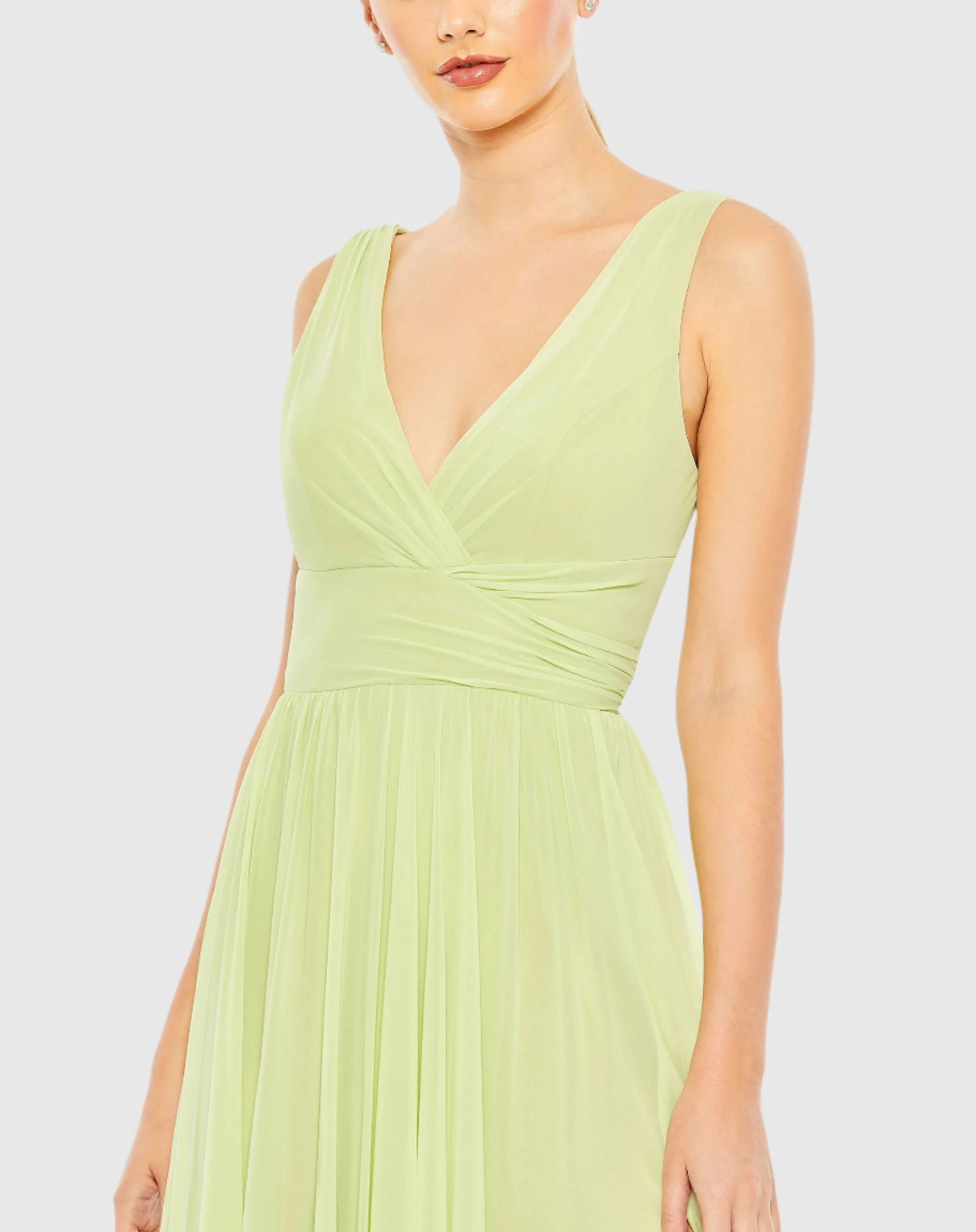 Green Chiffon Sleeveless Wrap Over A Line Gown