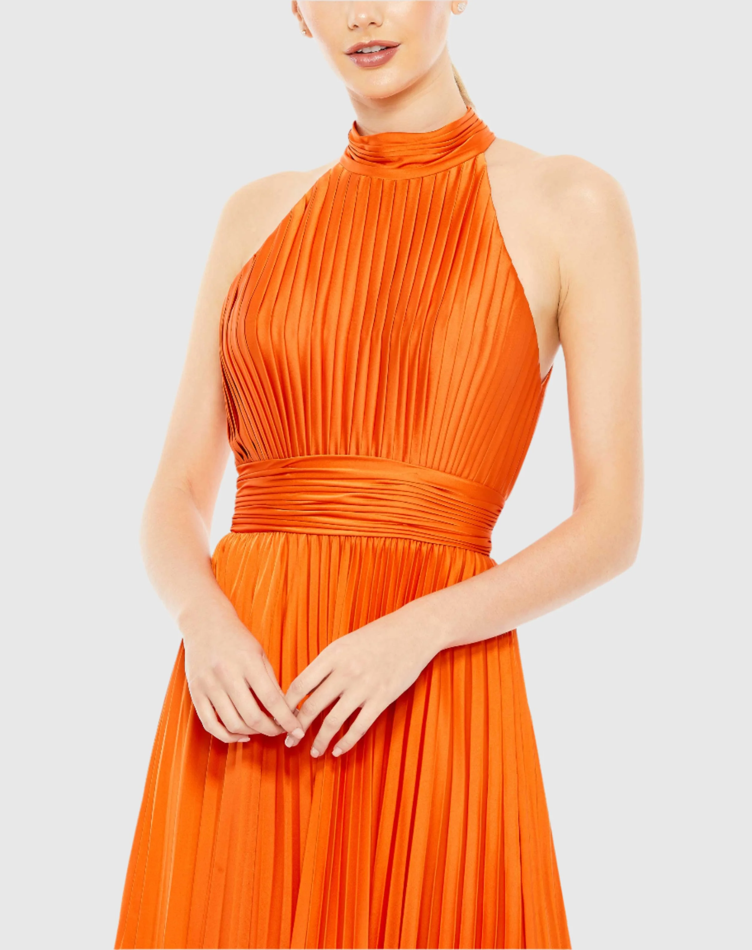 Orange Pleated High Neck Satin Sleeveless Halter Gown
