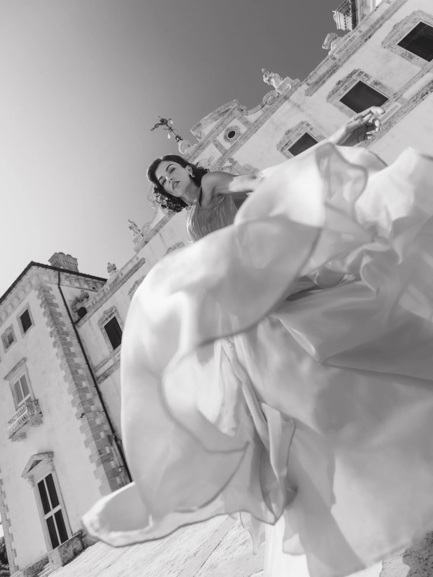 Coral Ruffle Shoulder V-Neck Chiffon Gown