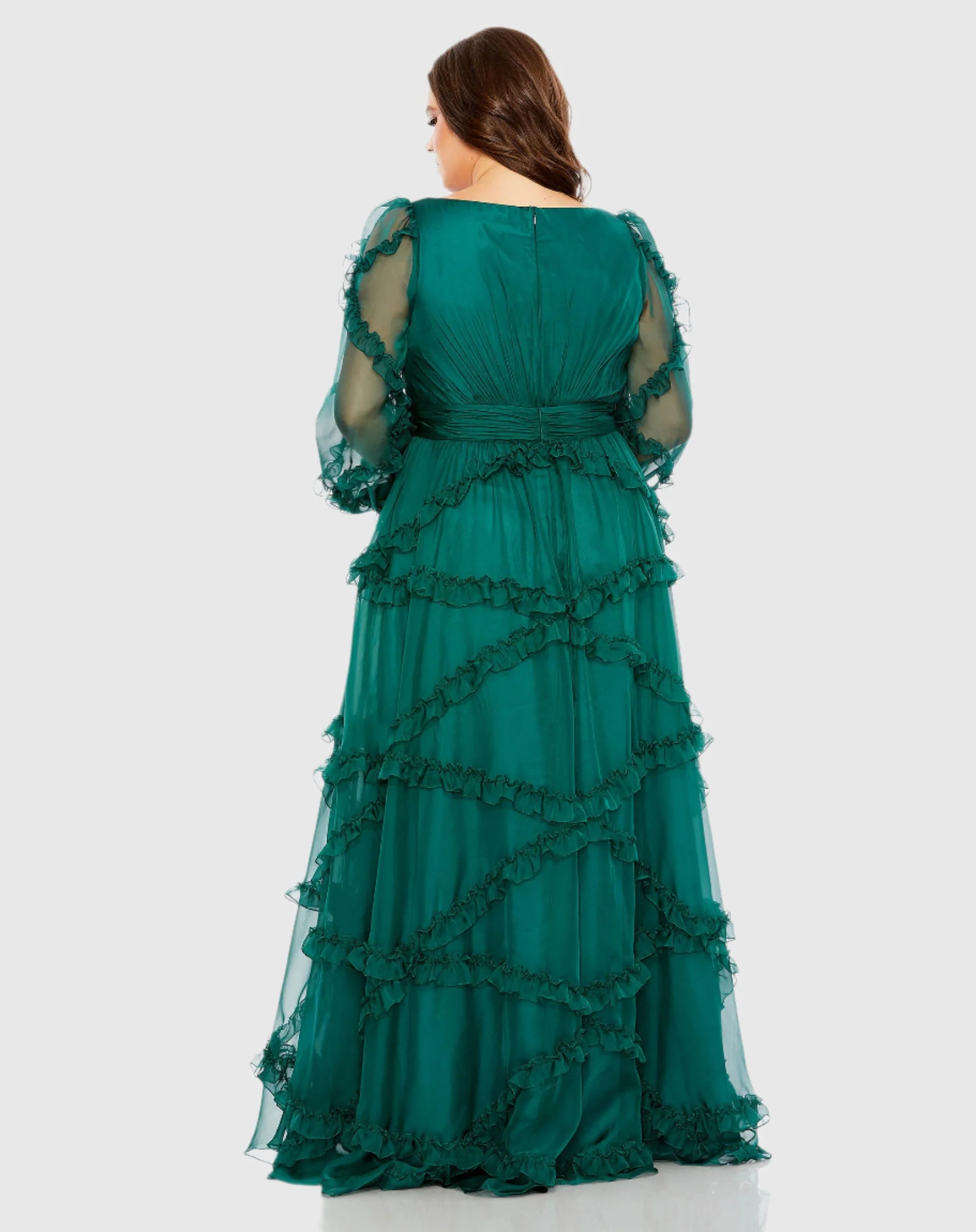Green V Neck Ruffle Tiered Puff Sleeve Gown