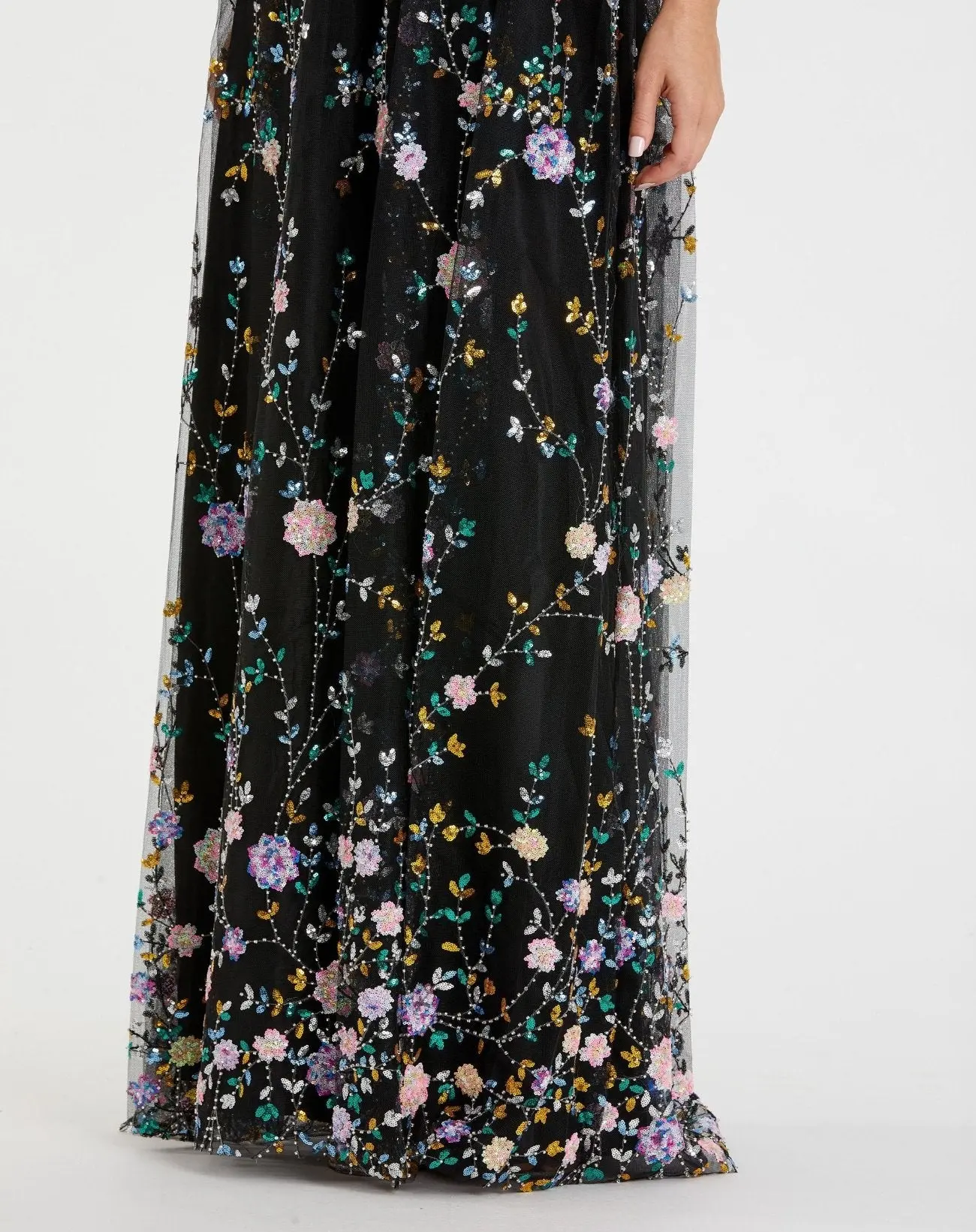 Black Embroidered Illusion Butterfly Sleeve V Neck Gown