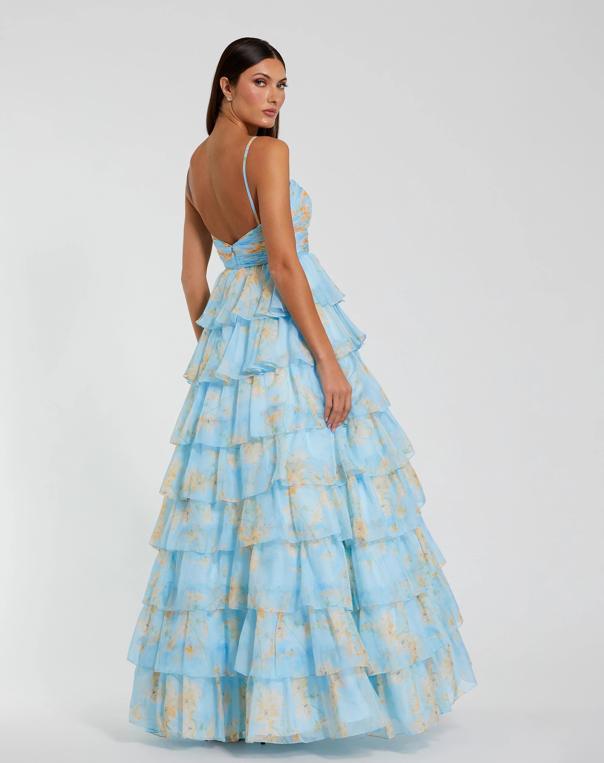Blue Floral Cut Out Ruffle Tiered Gown