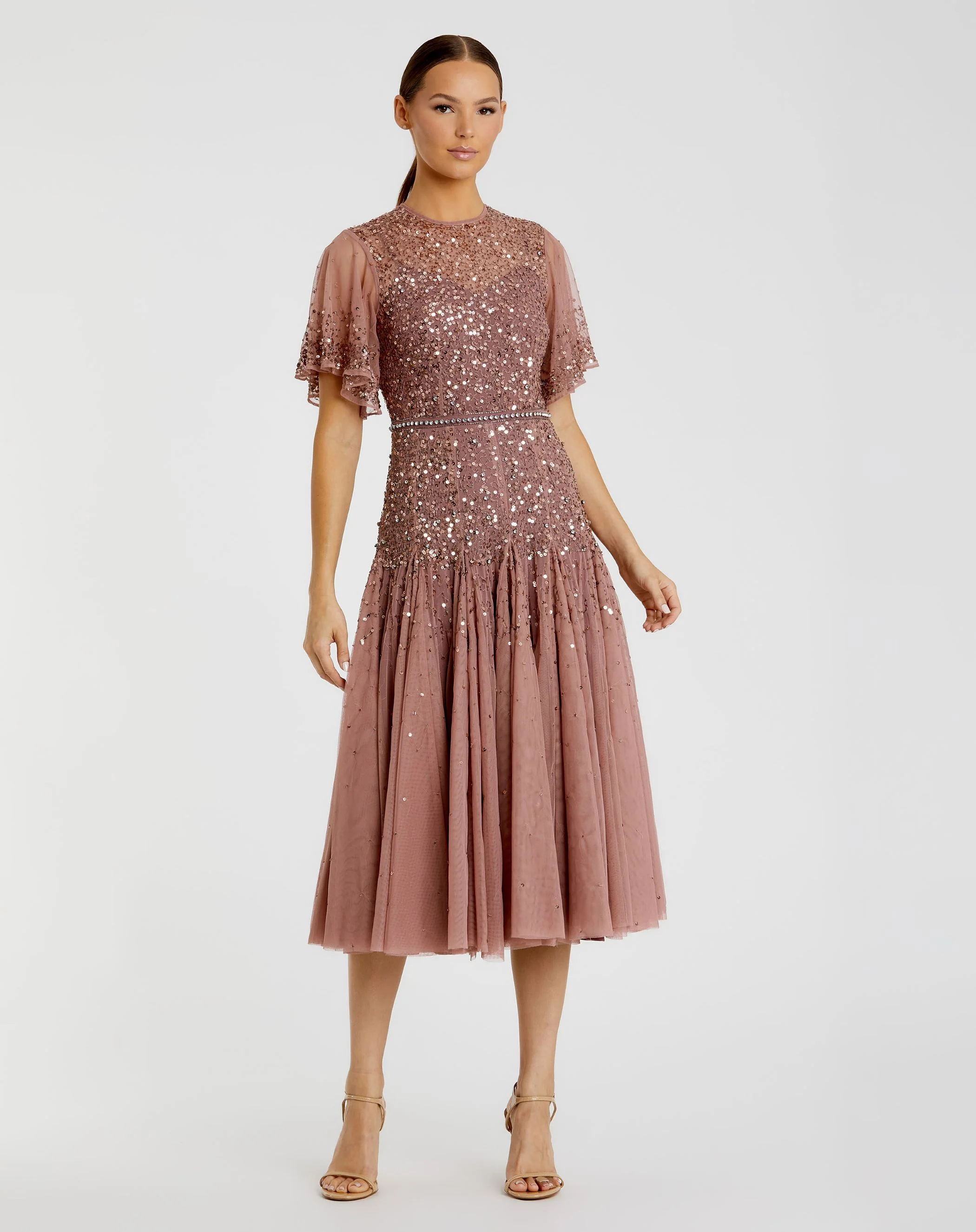 Pink Cape Sleeve Beaded Tea Length A-line Dress