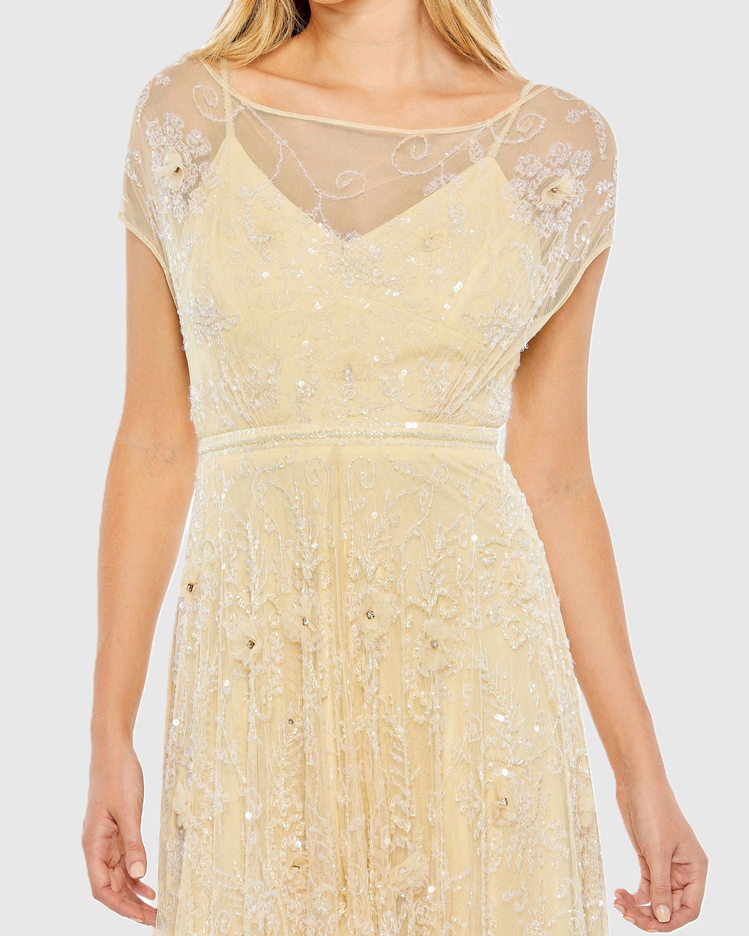 Yellow Embellished Illusion Cap Sleeve Gown