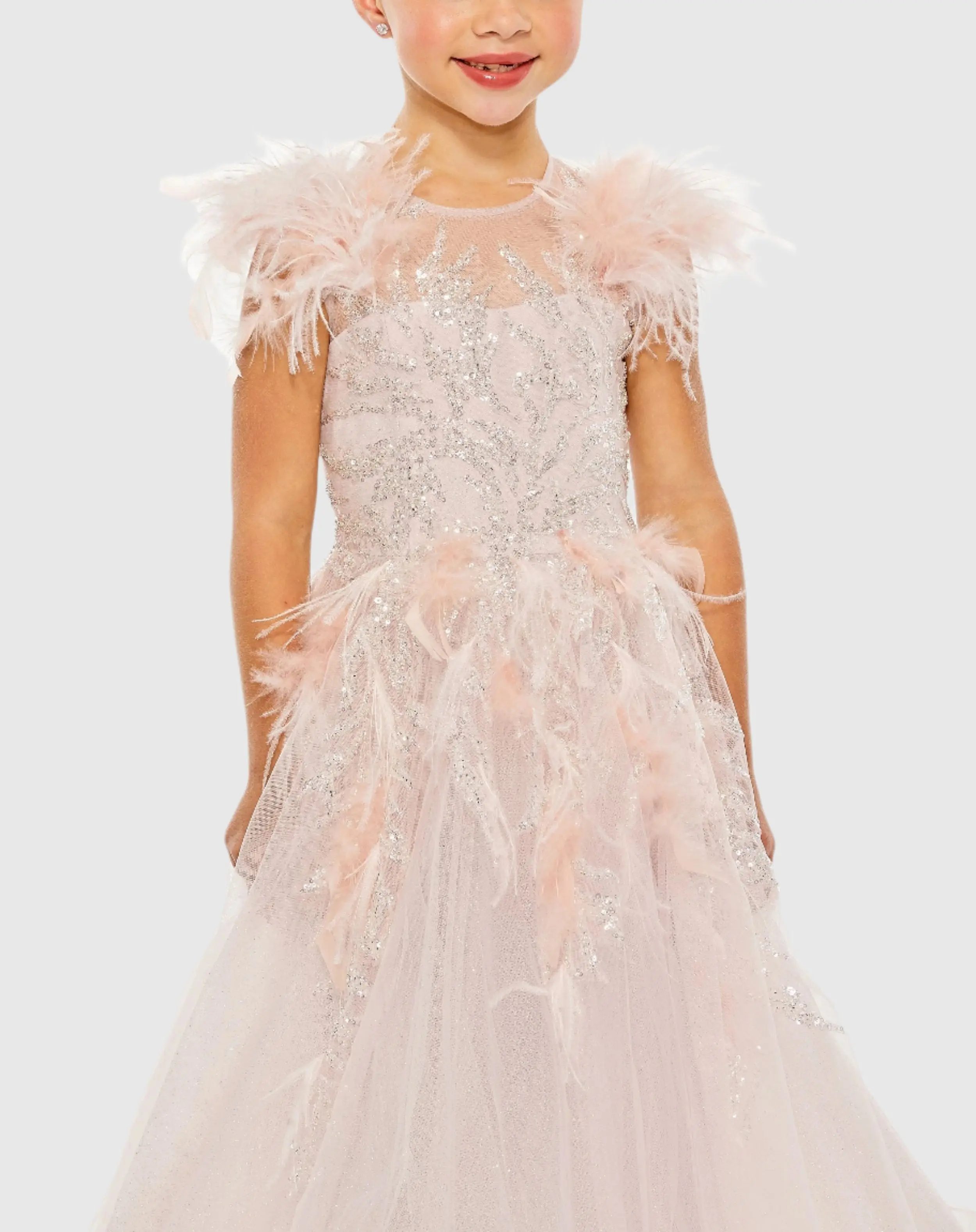 Light Pink Girls Feather Sleeve Detail Glitter Tulle Dress