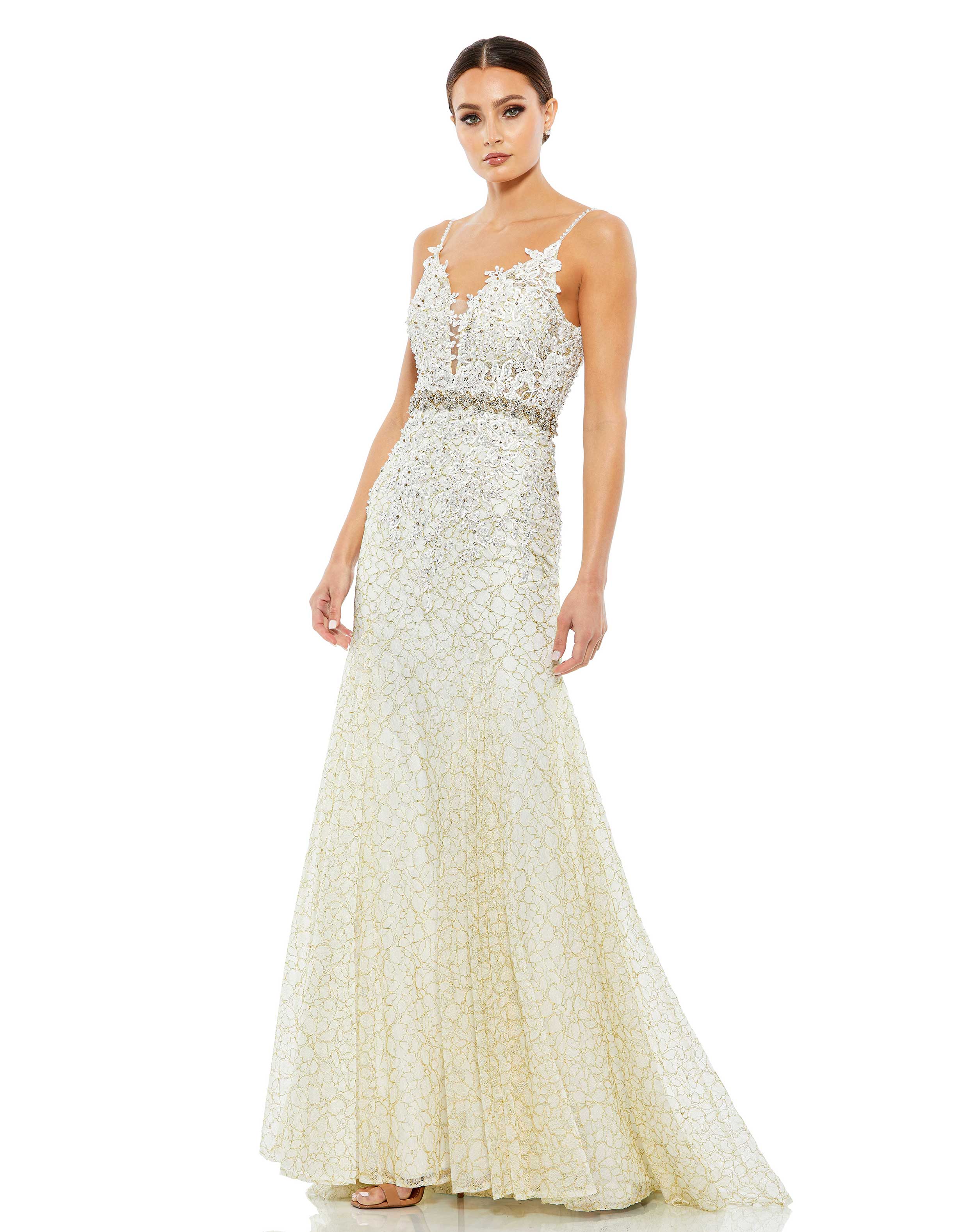 White Applique Sleeveless Plunge Neck Trumpet Gown