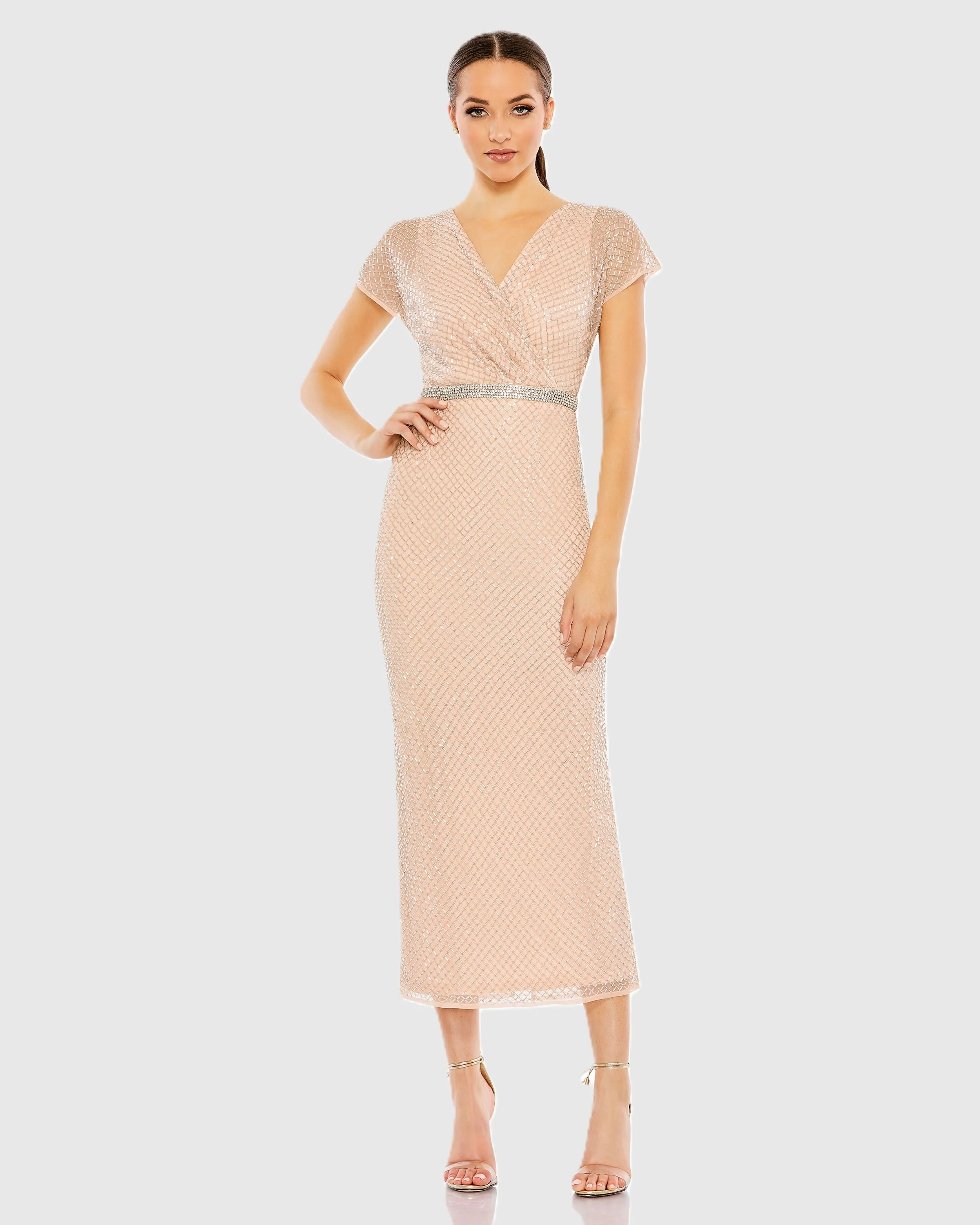 Beaded Wrap V-Neck Cap Sleeve Dress