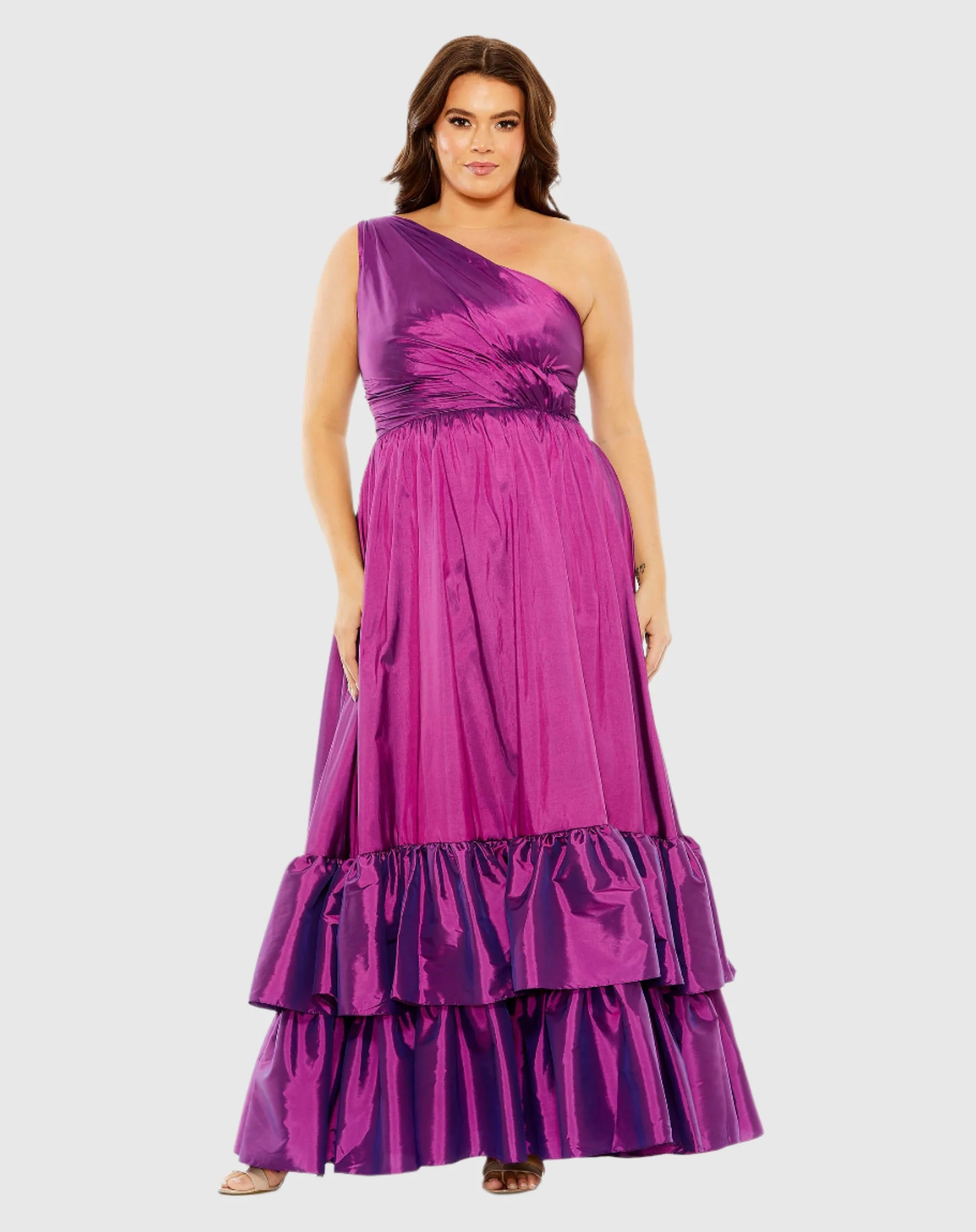 Purple One Shoulder Asymmetrical Ruffle Hem Gown