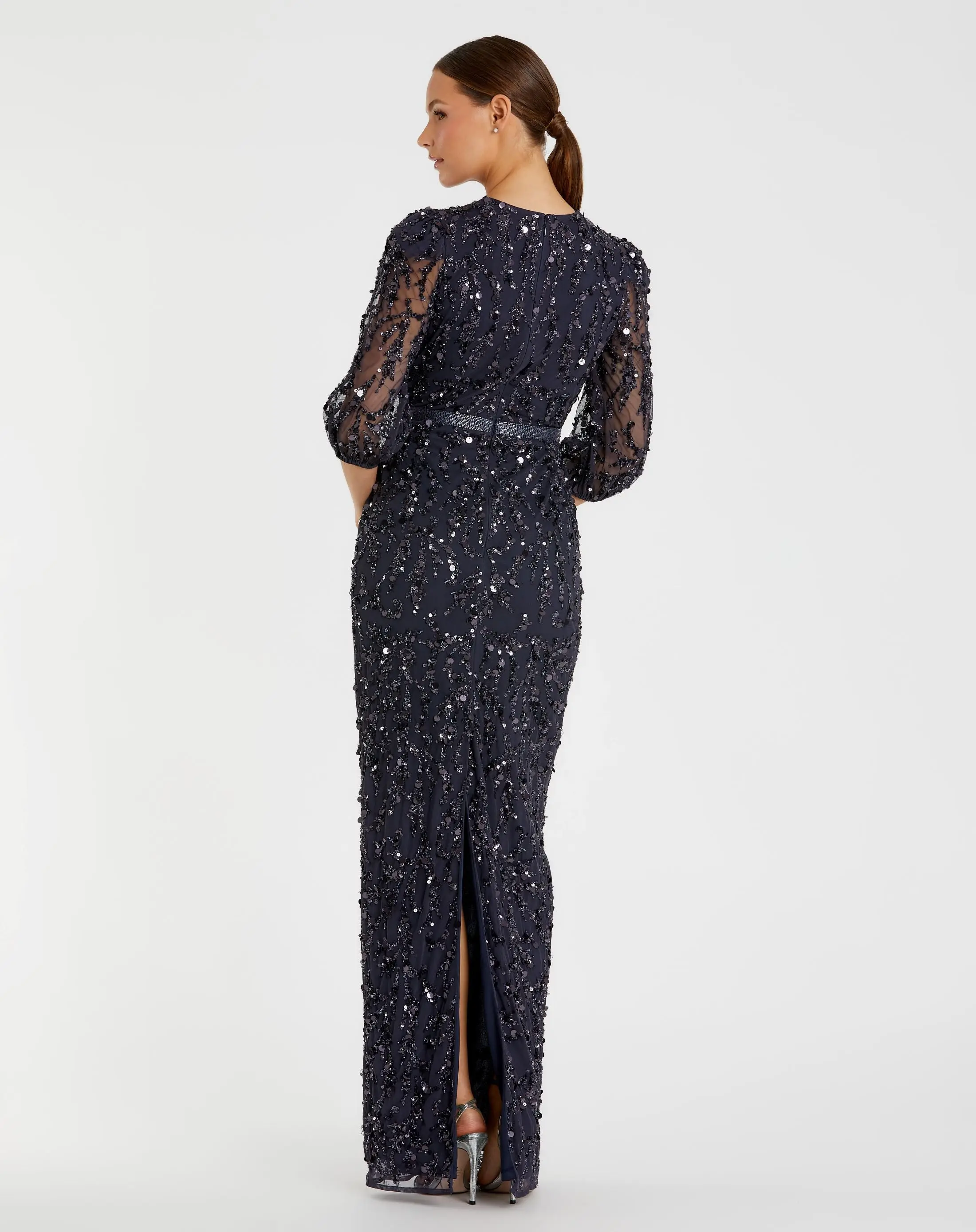 Navy Elbow Length Sleeve Embellished Gown