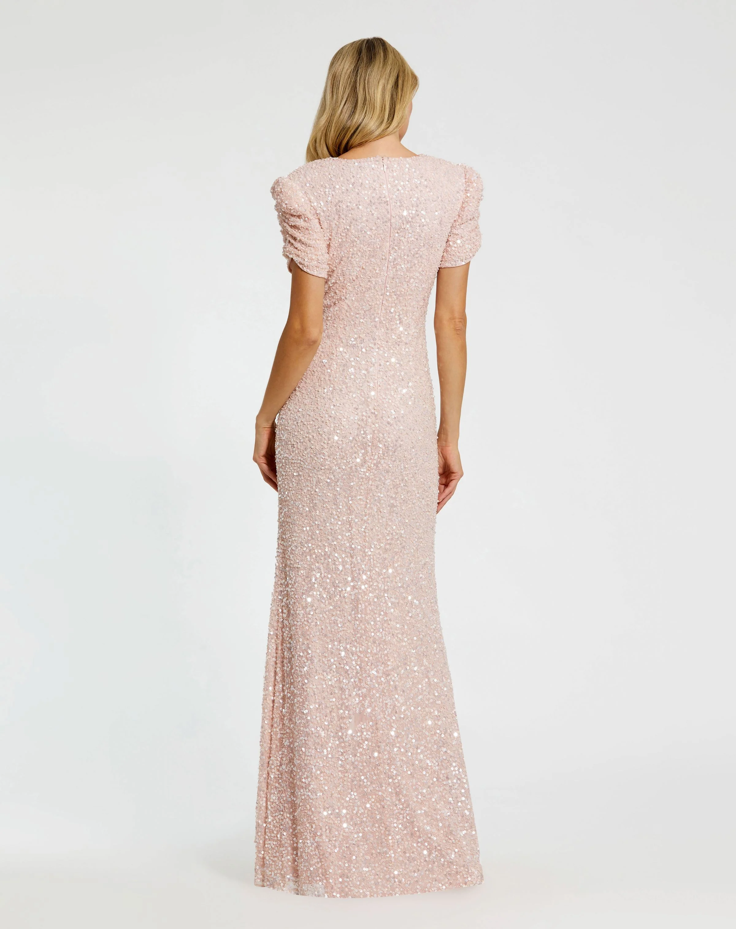 Pink Gathered Short Sleeve Beaded Gown