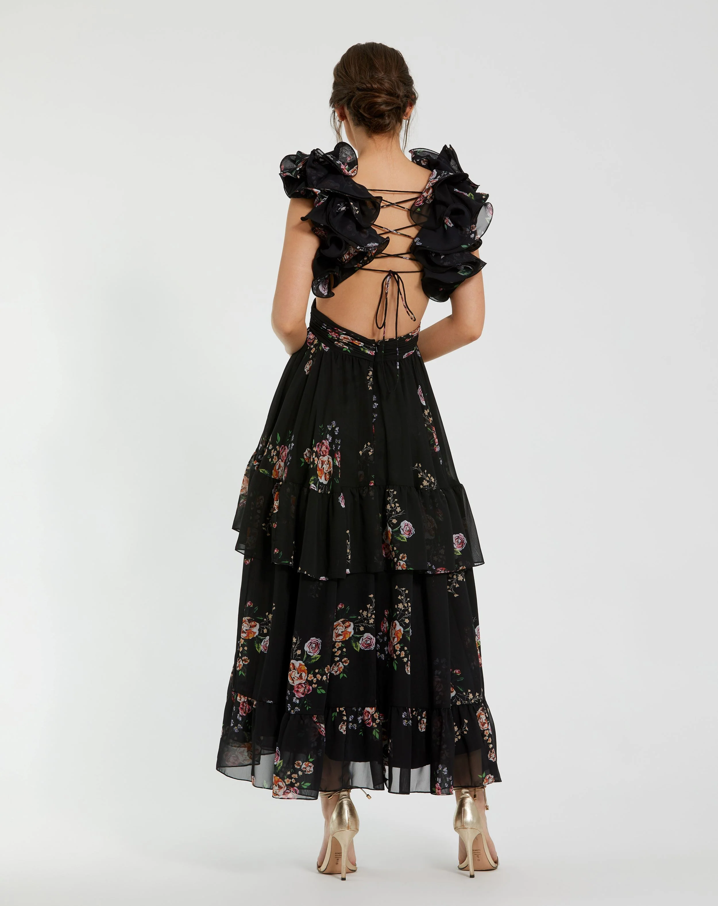 Black Ruffle Tiered Cut-Out Floral Print Chiffon Dress