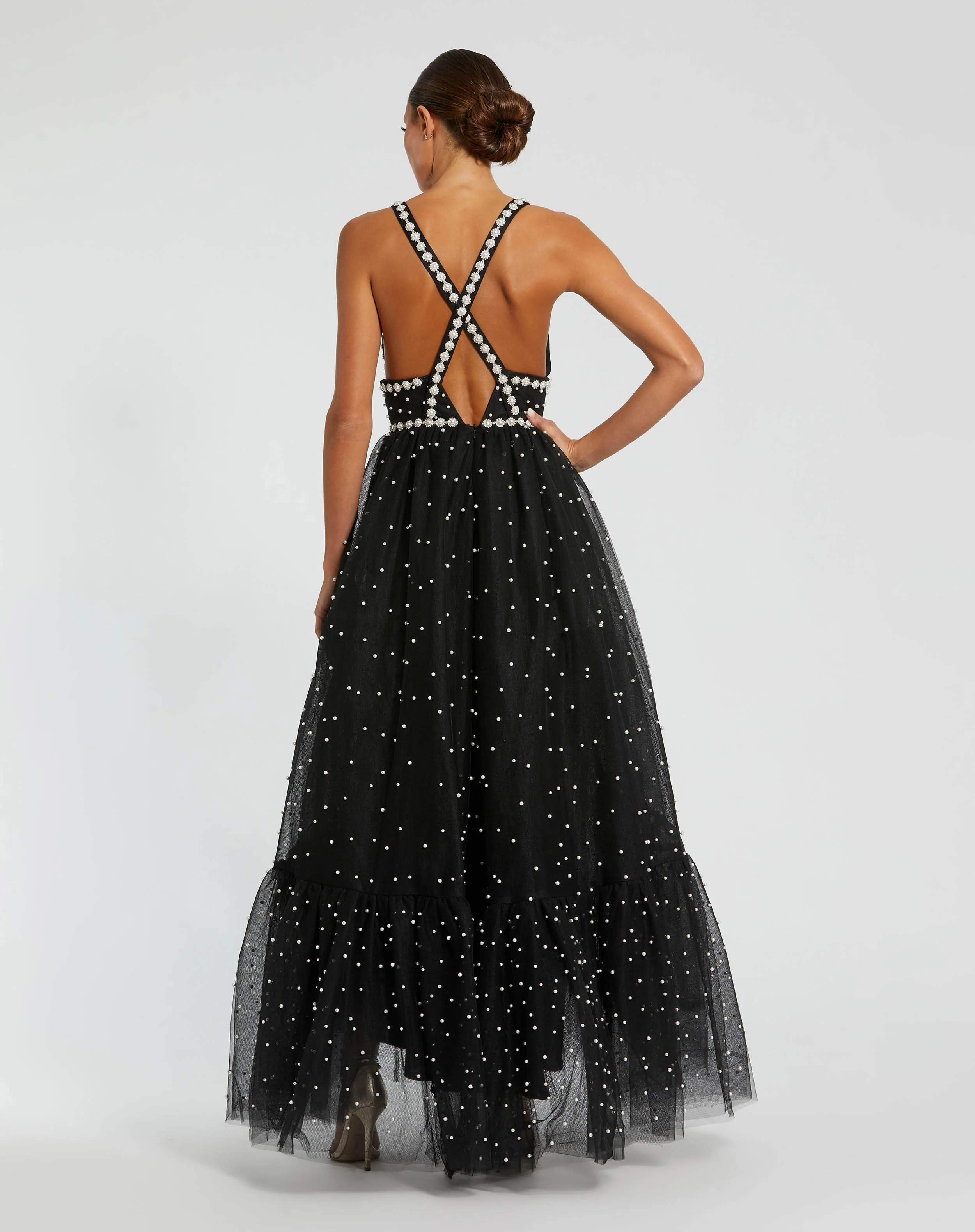 Black Pearl Beaded High Low Gown