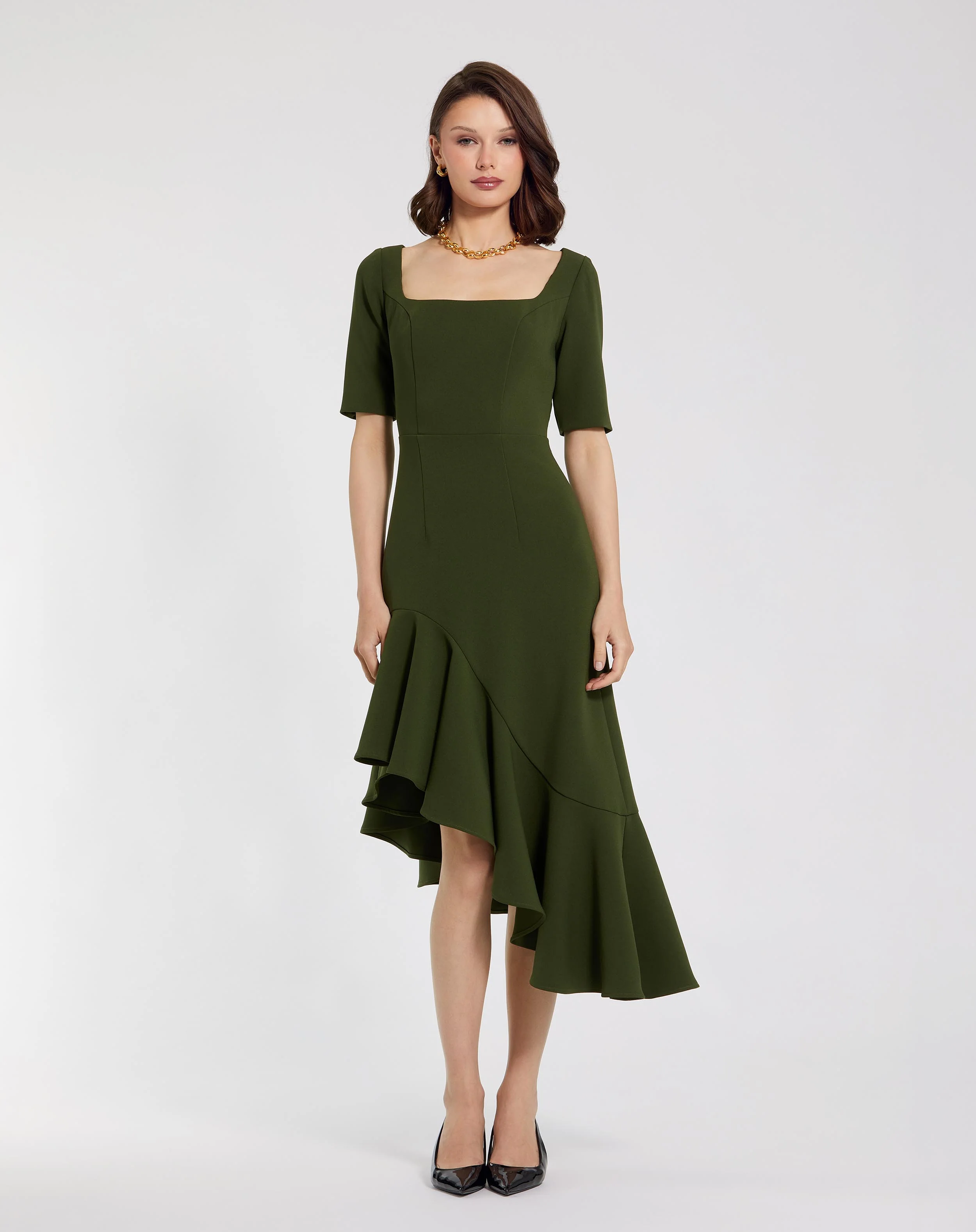 Green Crepe 3/4 Sleeve Asymmetrical Hem Dress