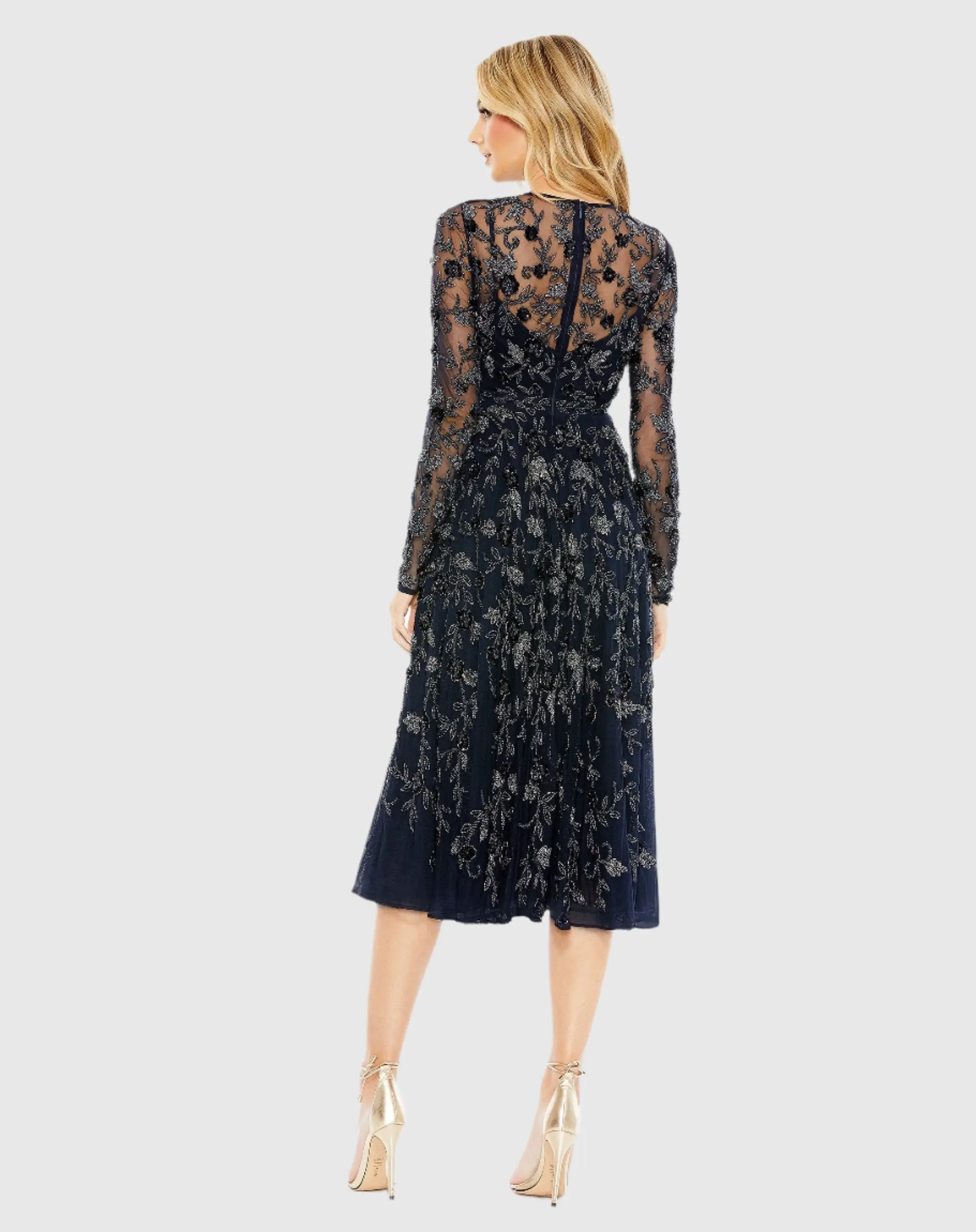 Navy Beaded Illusion High Neck Long Sleeve A Line Gown