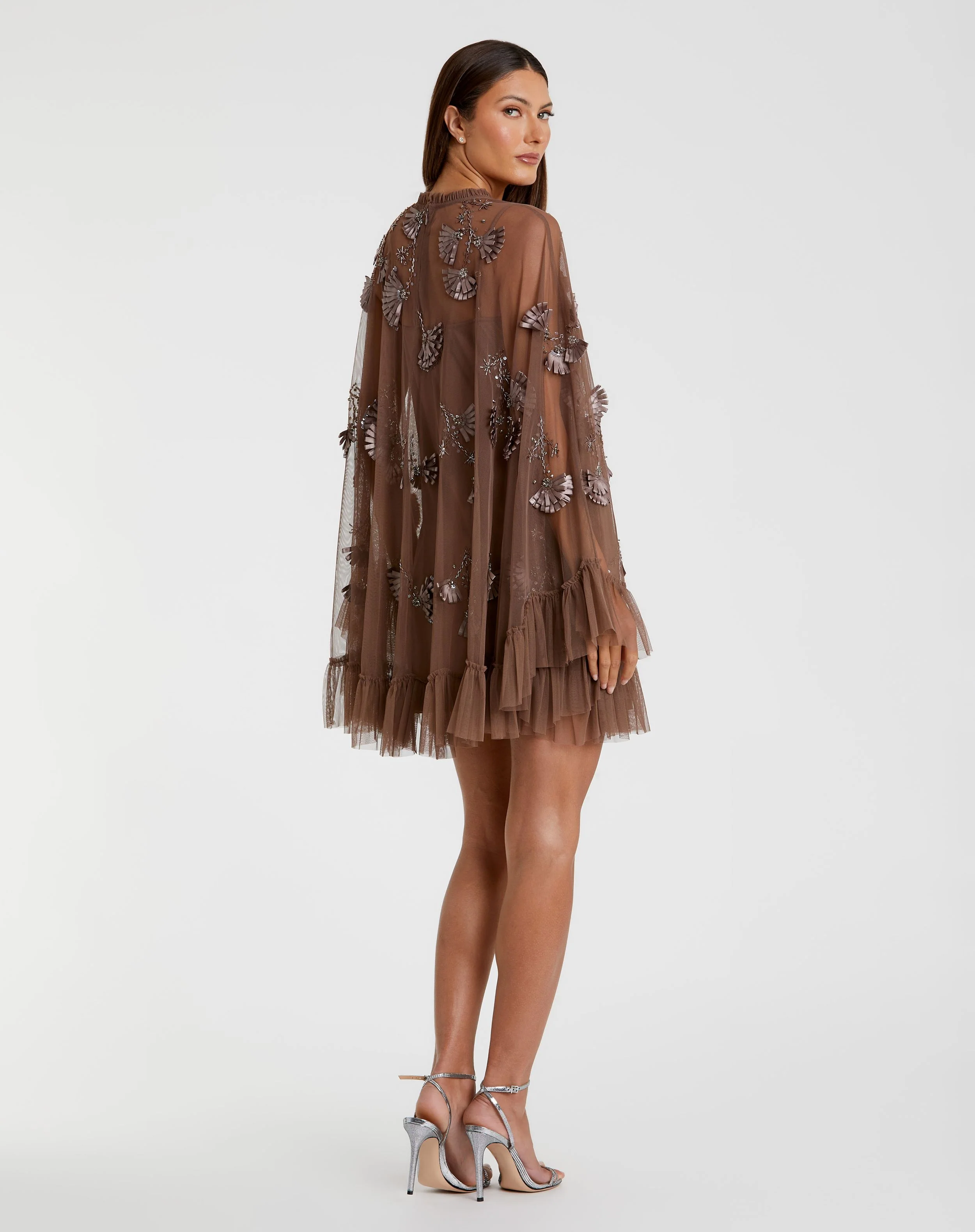 Brown Embellished Long Flare Sleeve Mesh A-Line Dress