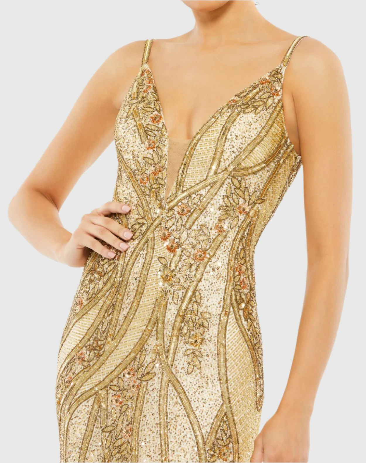 Embellished Sleeveless Plunge Neck Low Back Gown