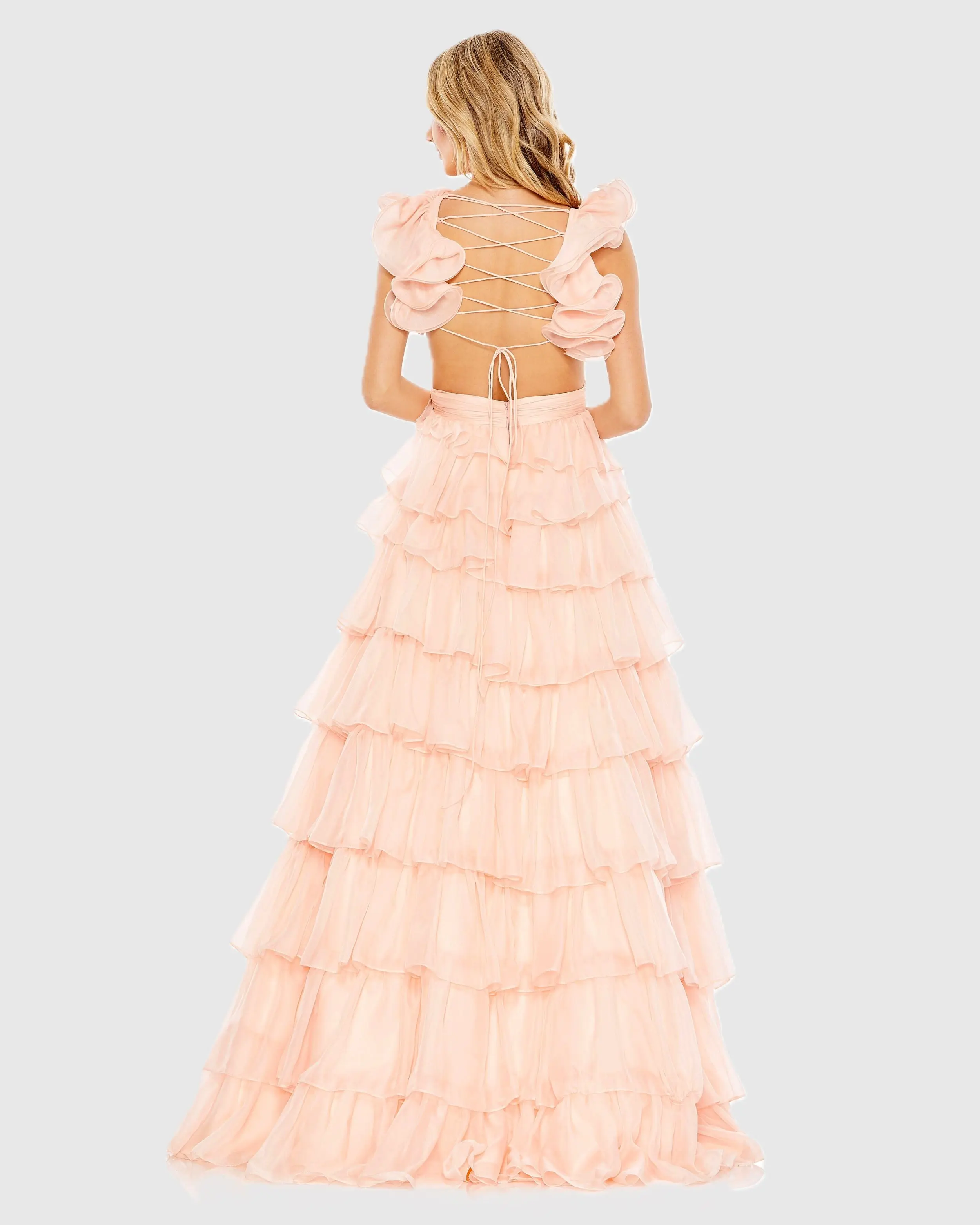 Pink Ruffled Lace Up Back Ballgown