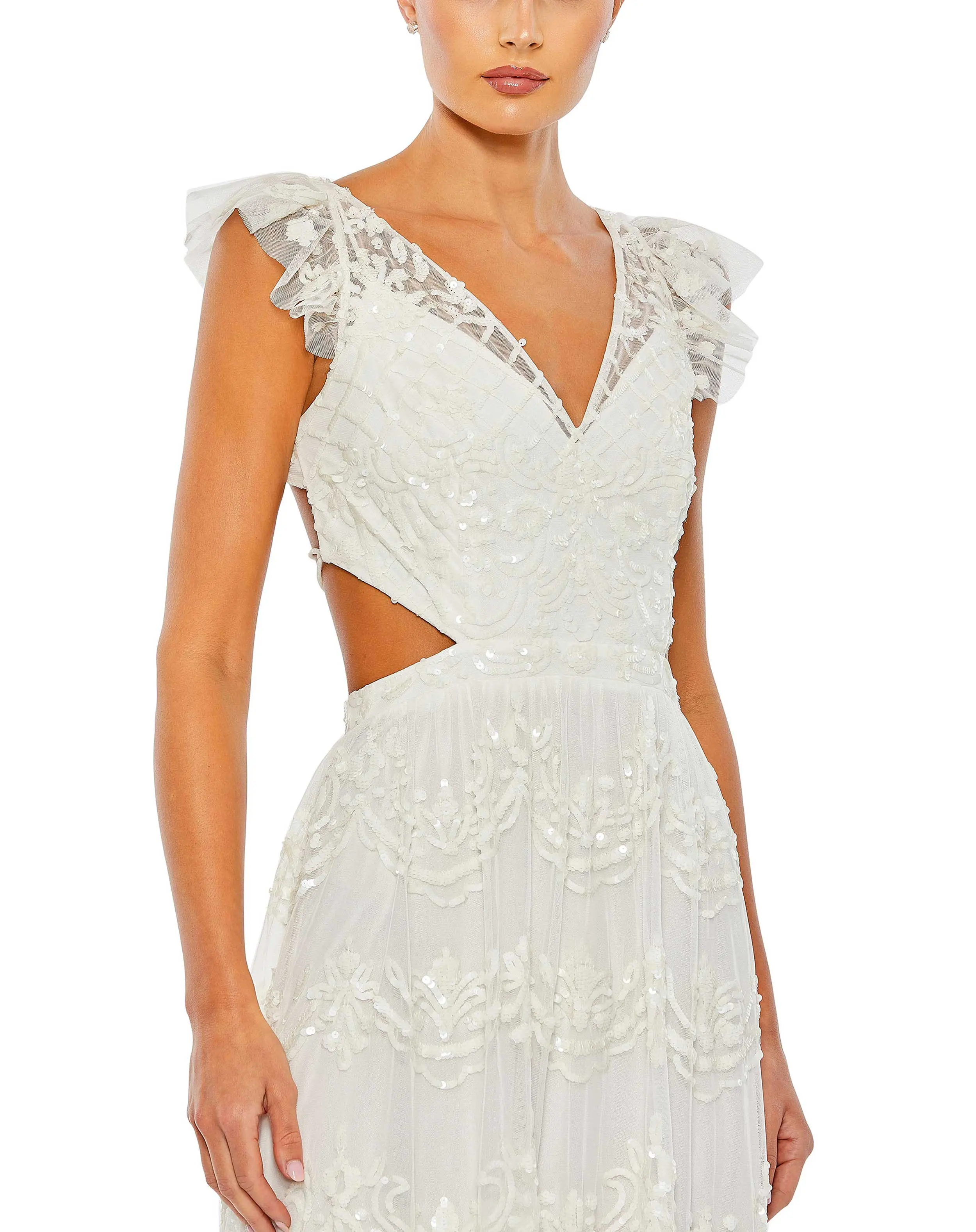 White Sequined Ruffle Cap Sleeve Cut Out Tiered Gown - FINAL SALE