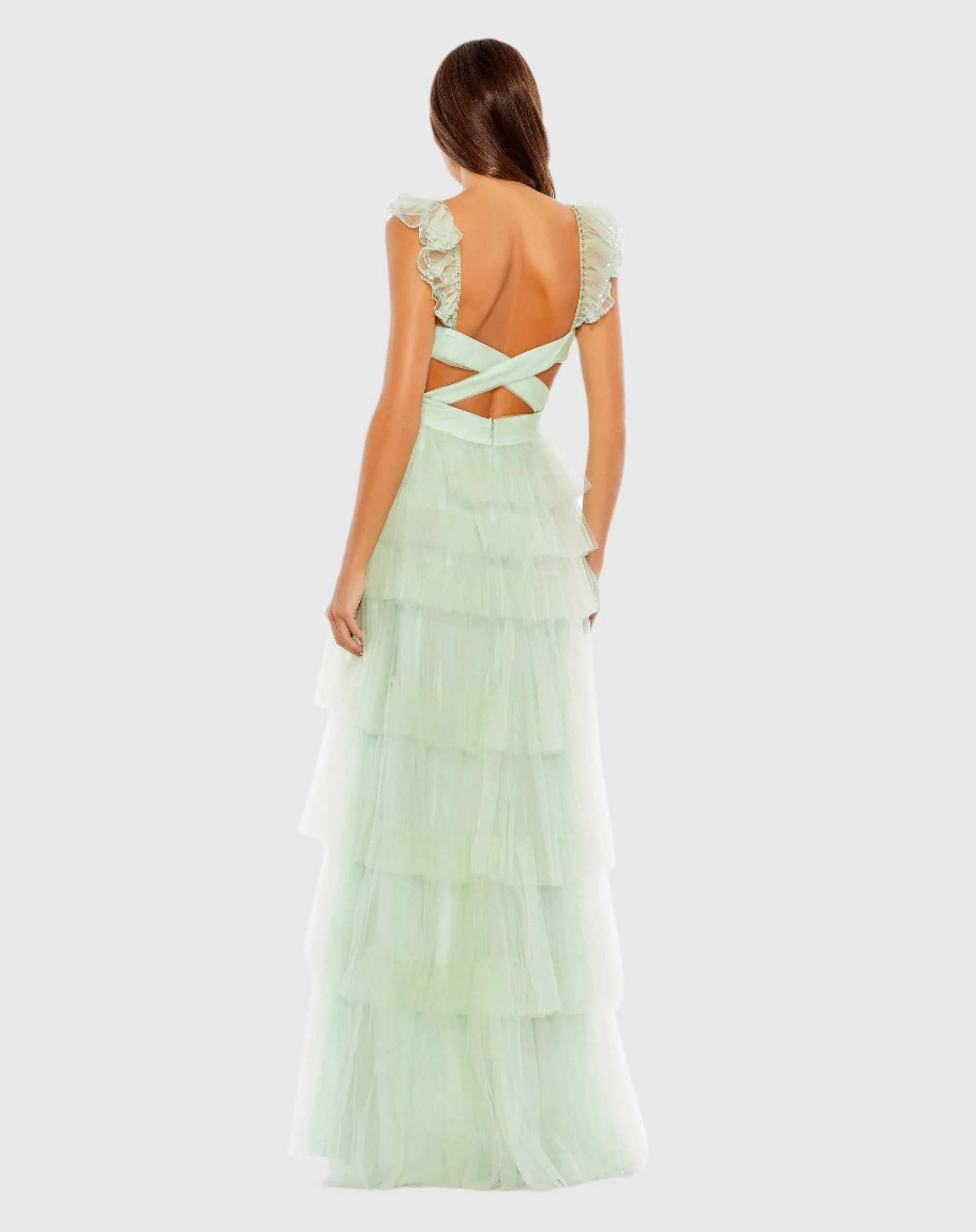 Green Ruffle Tiered Tulle Cut Out Gown