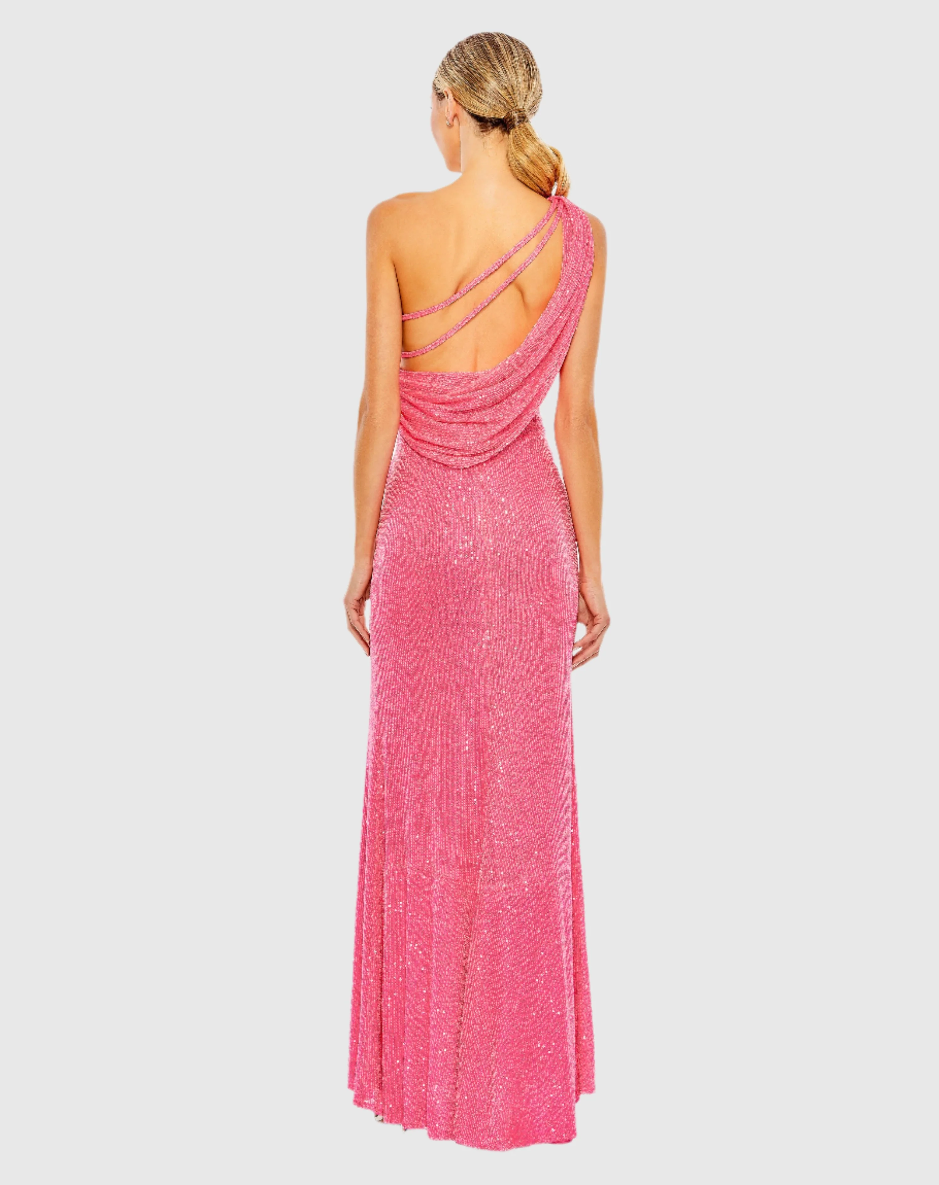 Pink Sequined One Shoulder Draped Back Gown