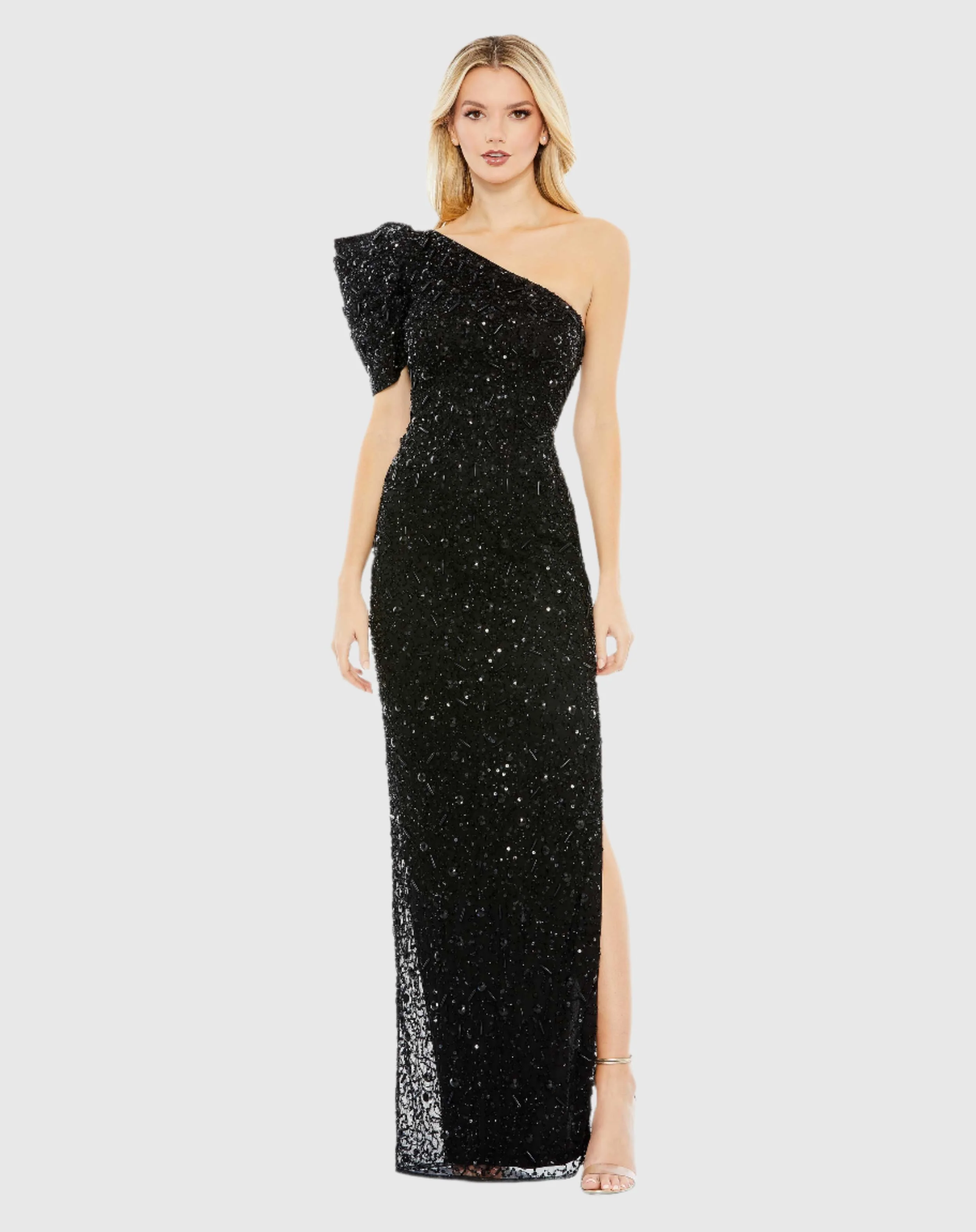 Black Embellished Puff One Shoulder Column Gown