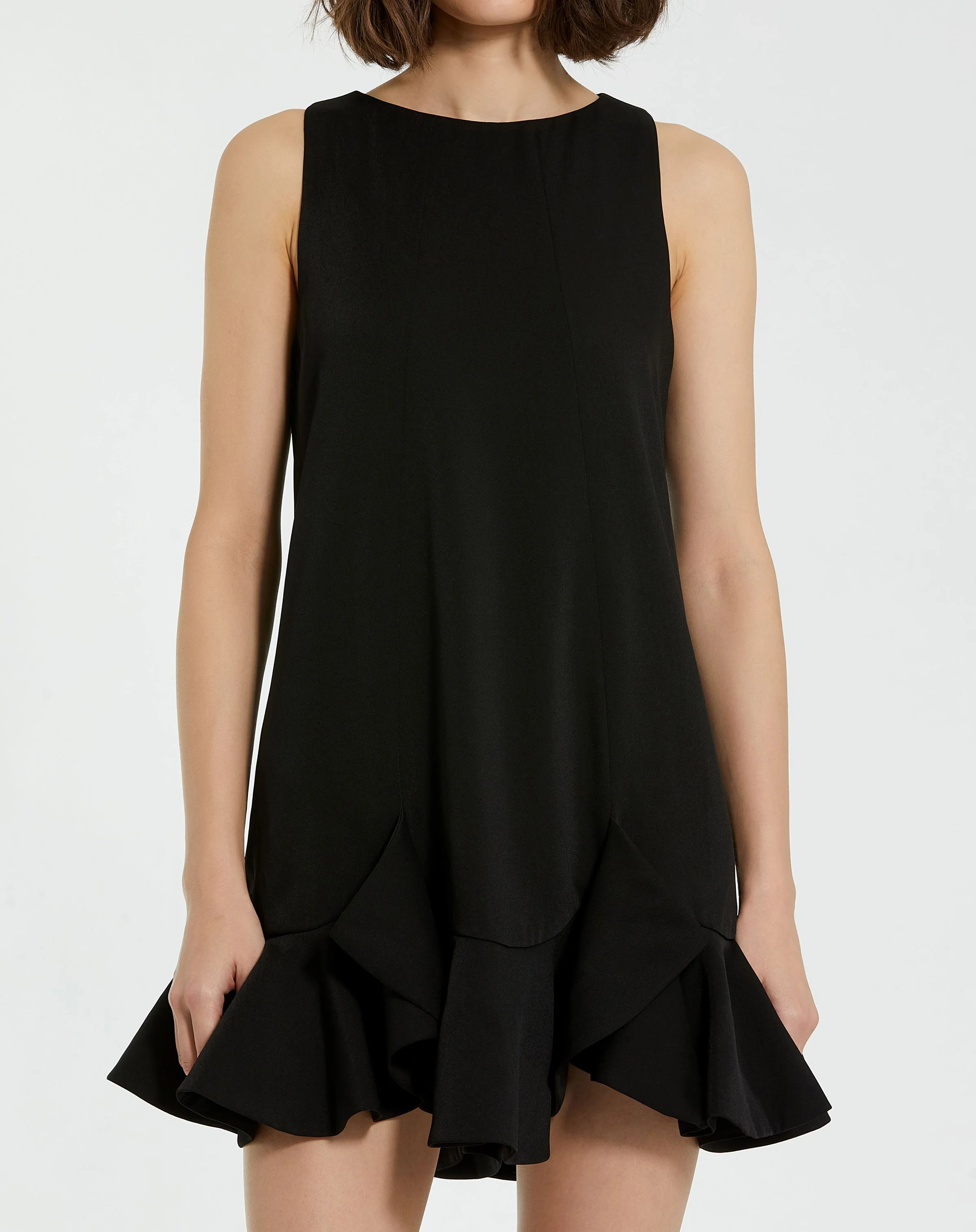 The Mia High Neck Sleeveless Crepe Mini Dress With Ruffle Hem