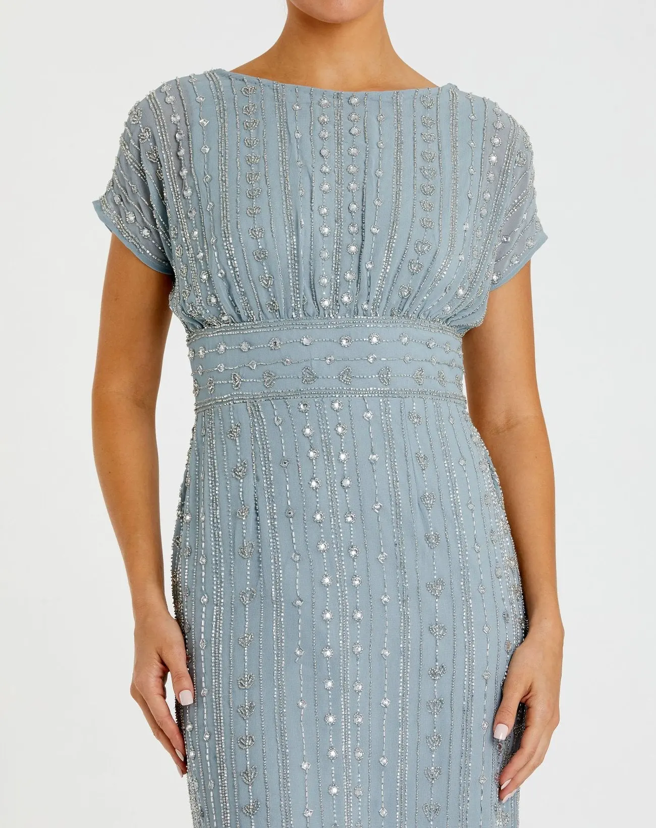 Blue Beaded Cap Sleeve Empire Waist Column Midi Dress