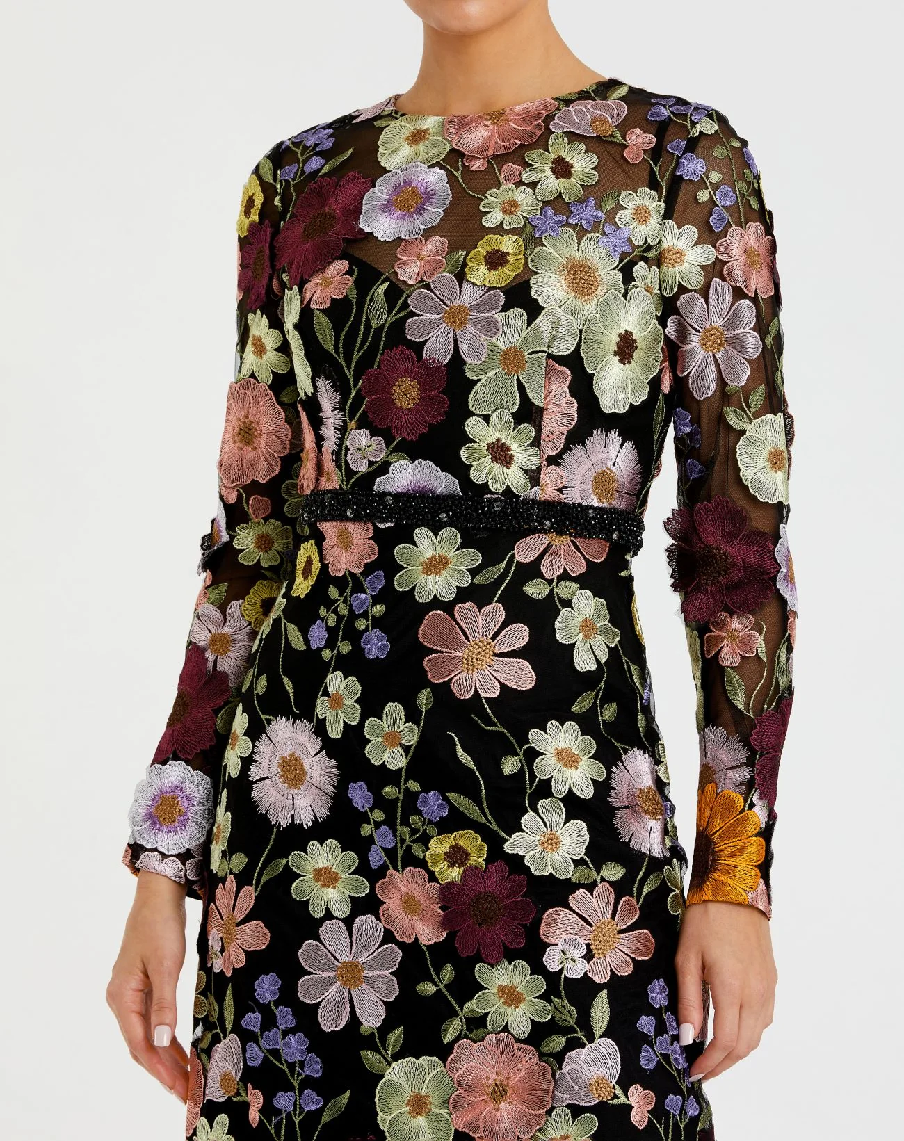 Black High Neck Floral Embroidered A-Line Dress