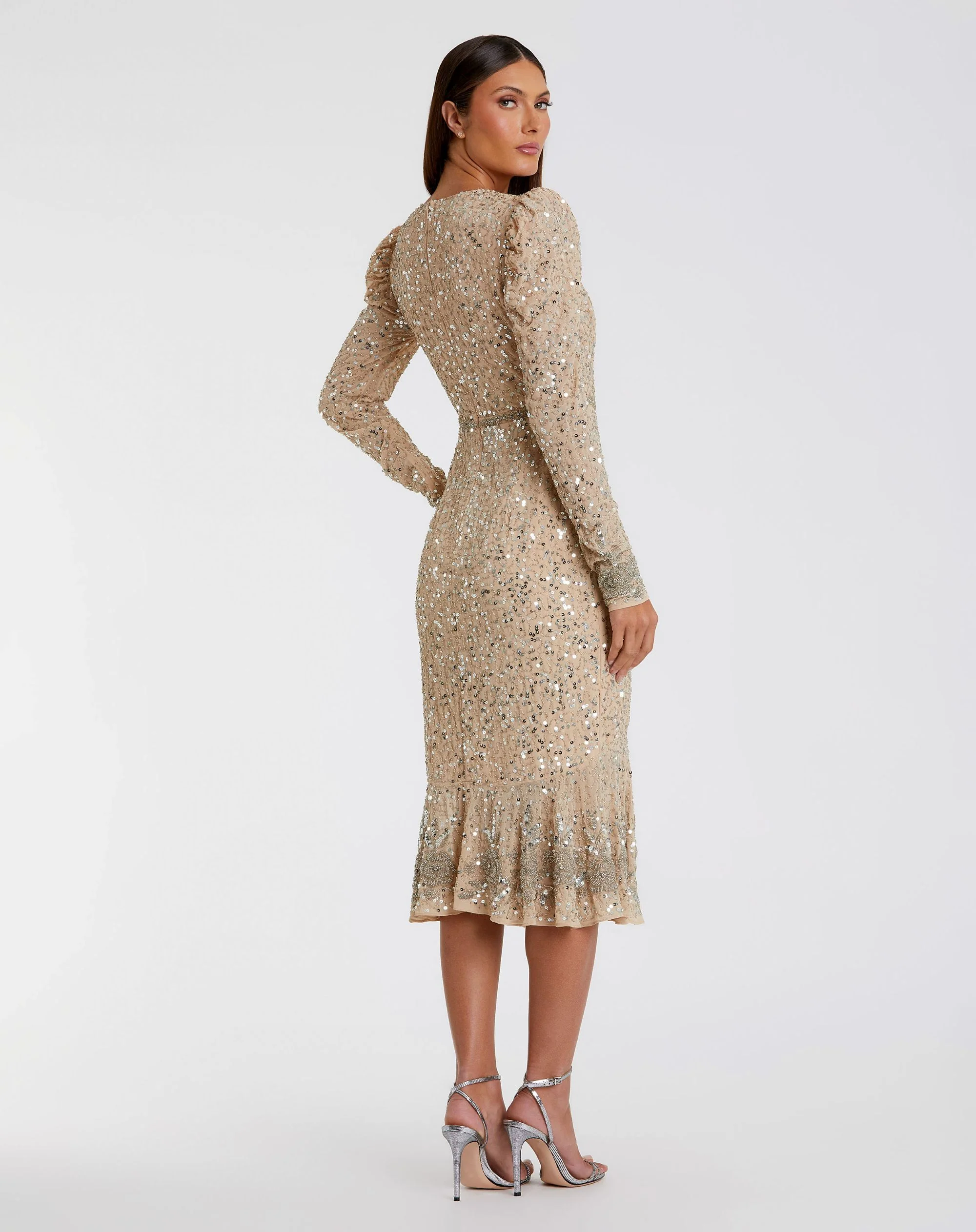 Beige Sequin Dress with Embellished Hemline and Belt