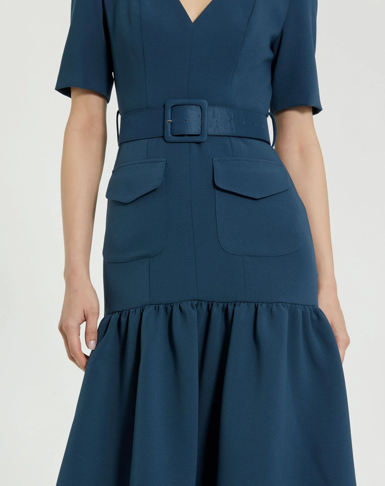 Blue Crepe 3/4 Sleeve Midi Dress With Belt And Pockets